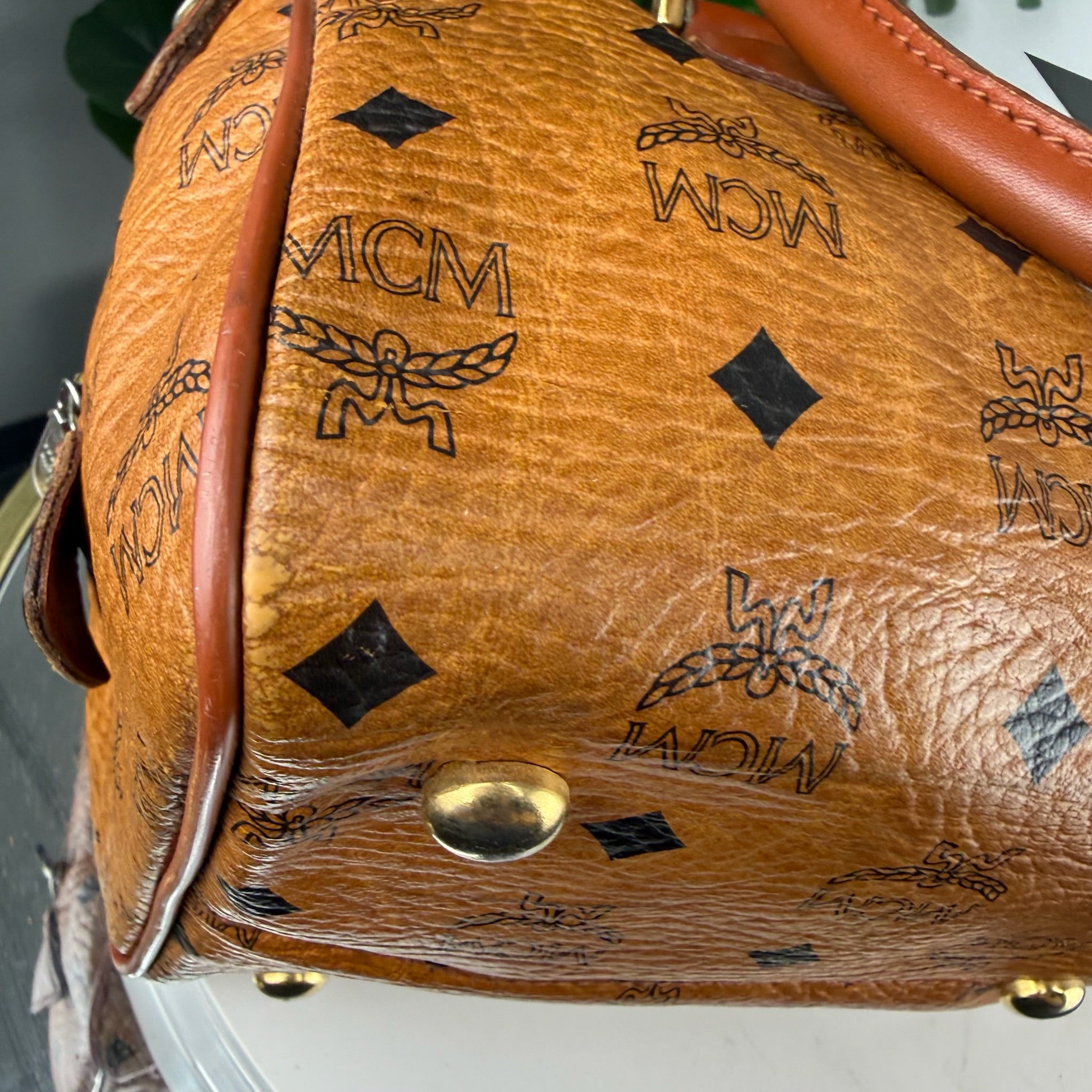 MCM Visetos Cognac Boston Bag