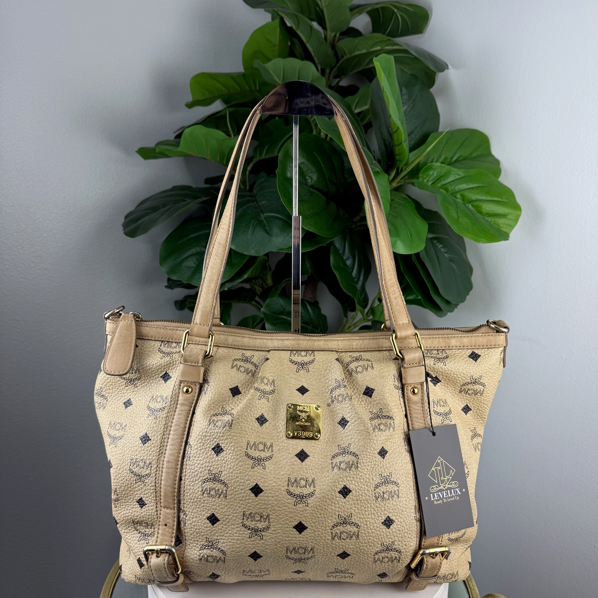 Authentic MCM Visetos Cognac Bucket Tote - front