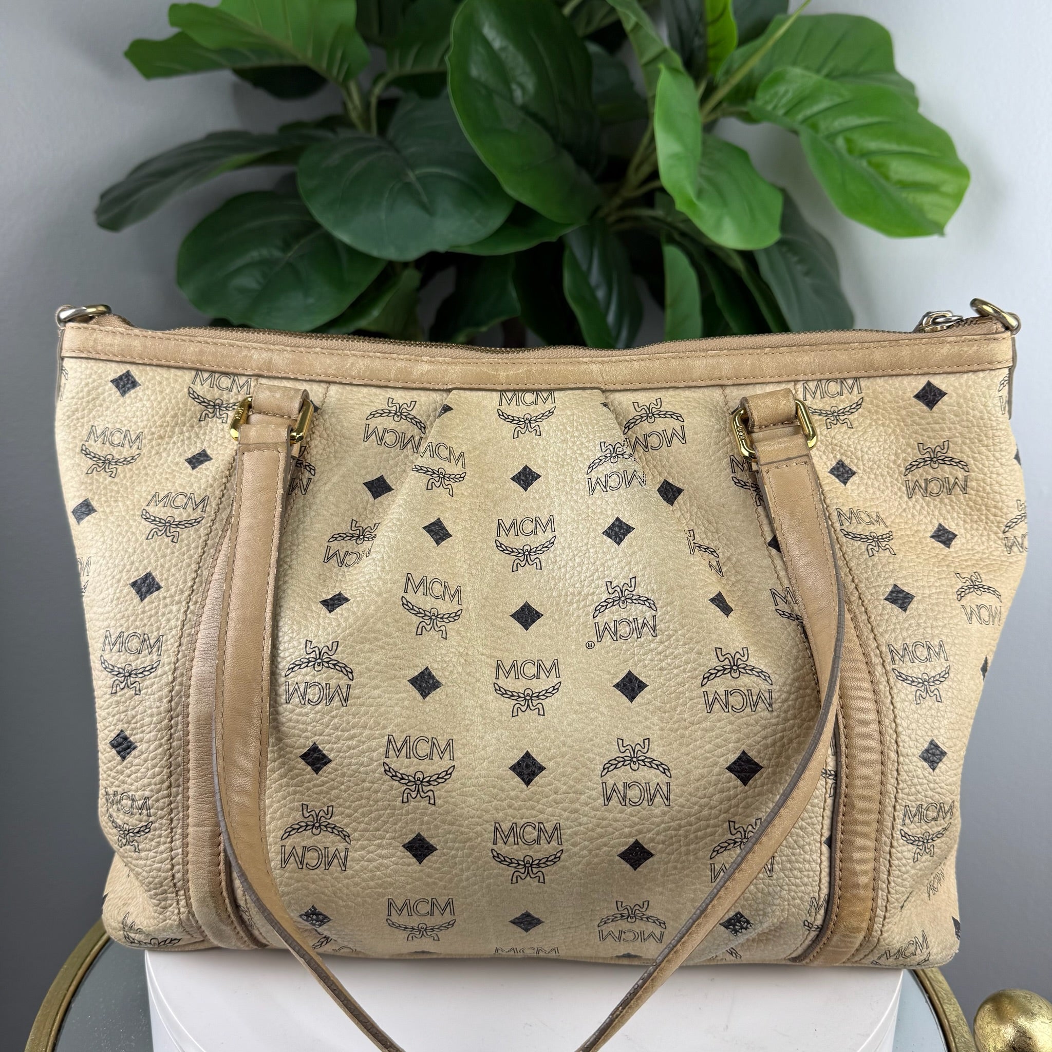 Authentic MCM Visetos Cognac Bucket Tote