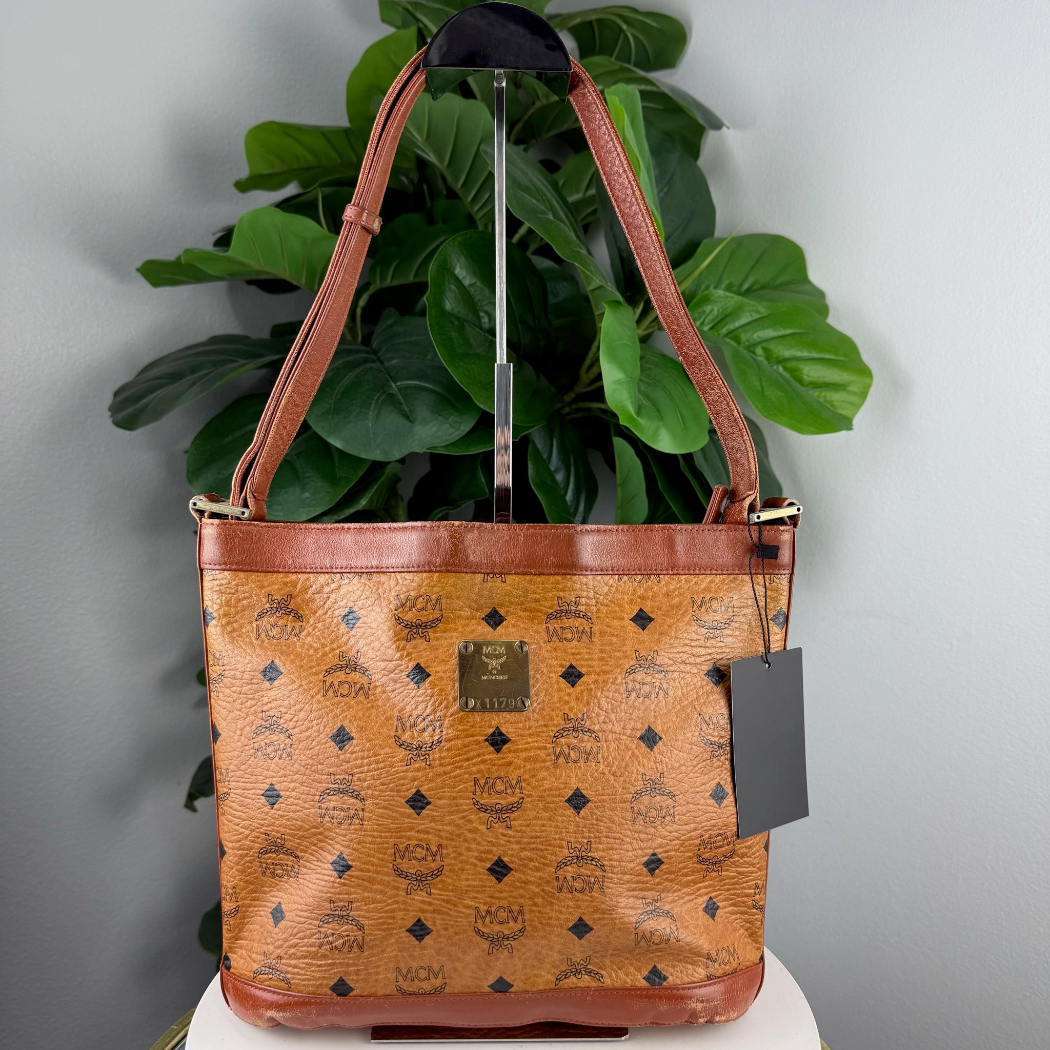 Authentic MCM Visetos Cognac Zip Shoulder Tote - front