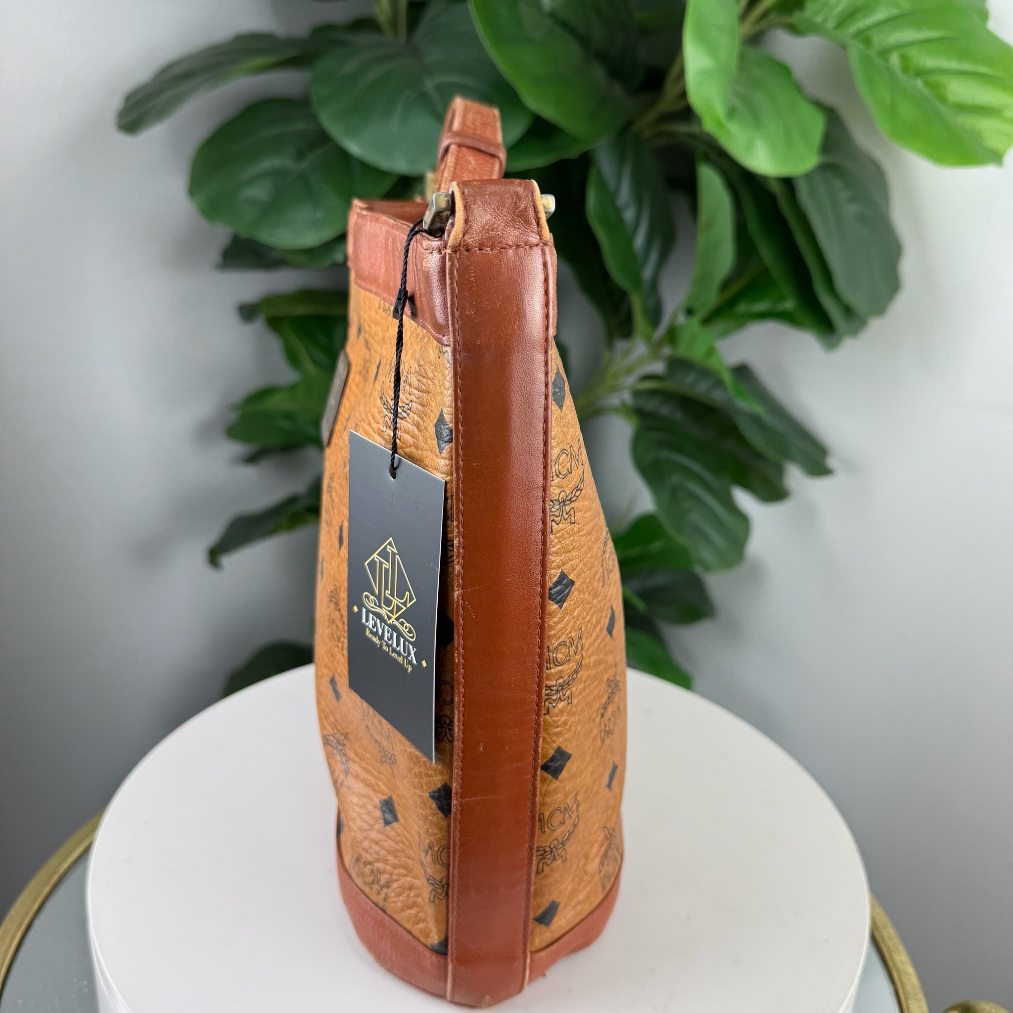 Authentic MCM Visetos Cognac Zip Shoulder Tote
