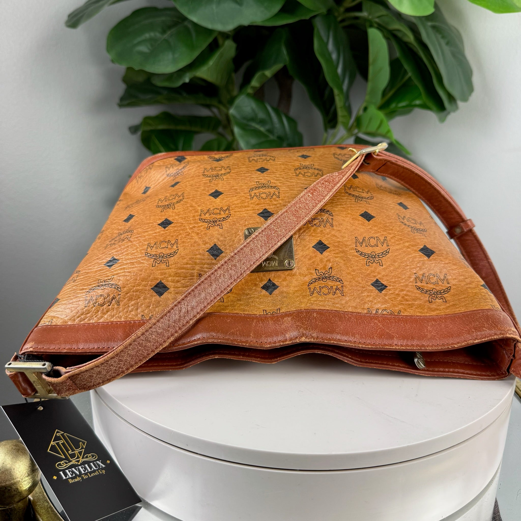 Authentic MCM Visetos Cognac Zip Shoulder Tote