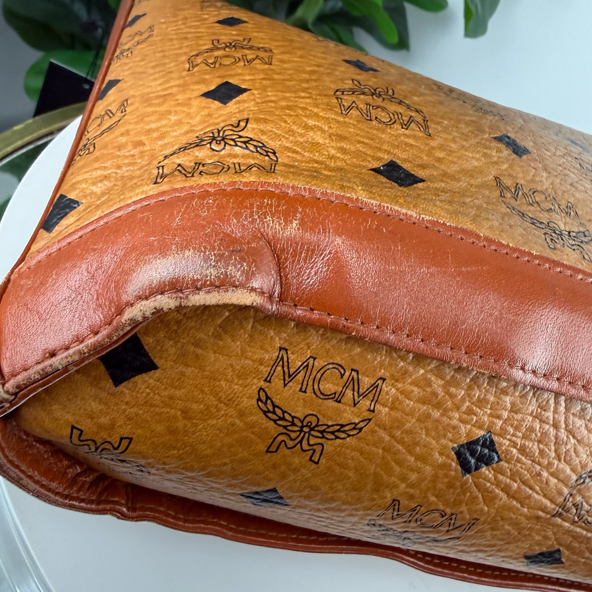 Authentic MCM Visetos Cognac Zip Shoulder Tote