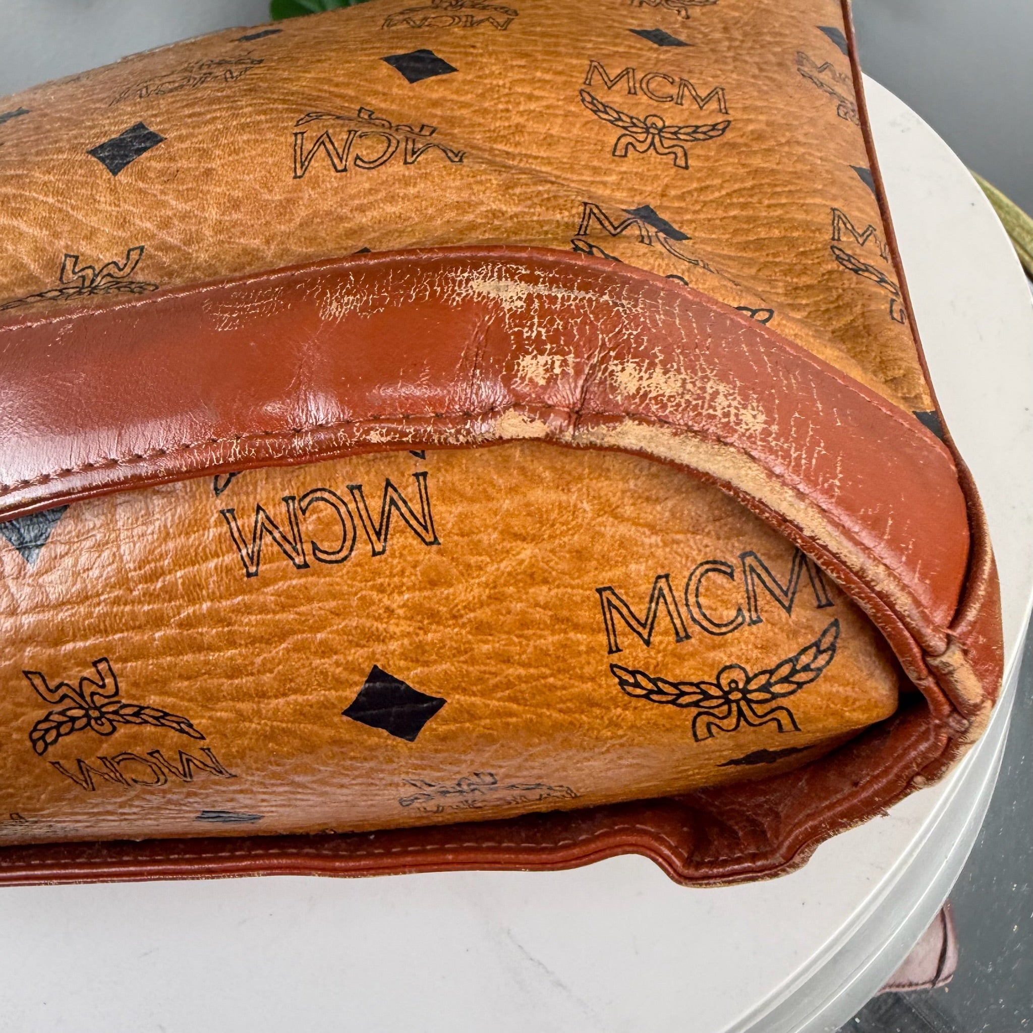 Authentic MCM Visetos Cognac Zip Shoulder Tote