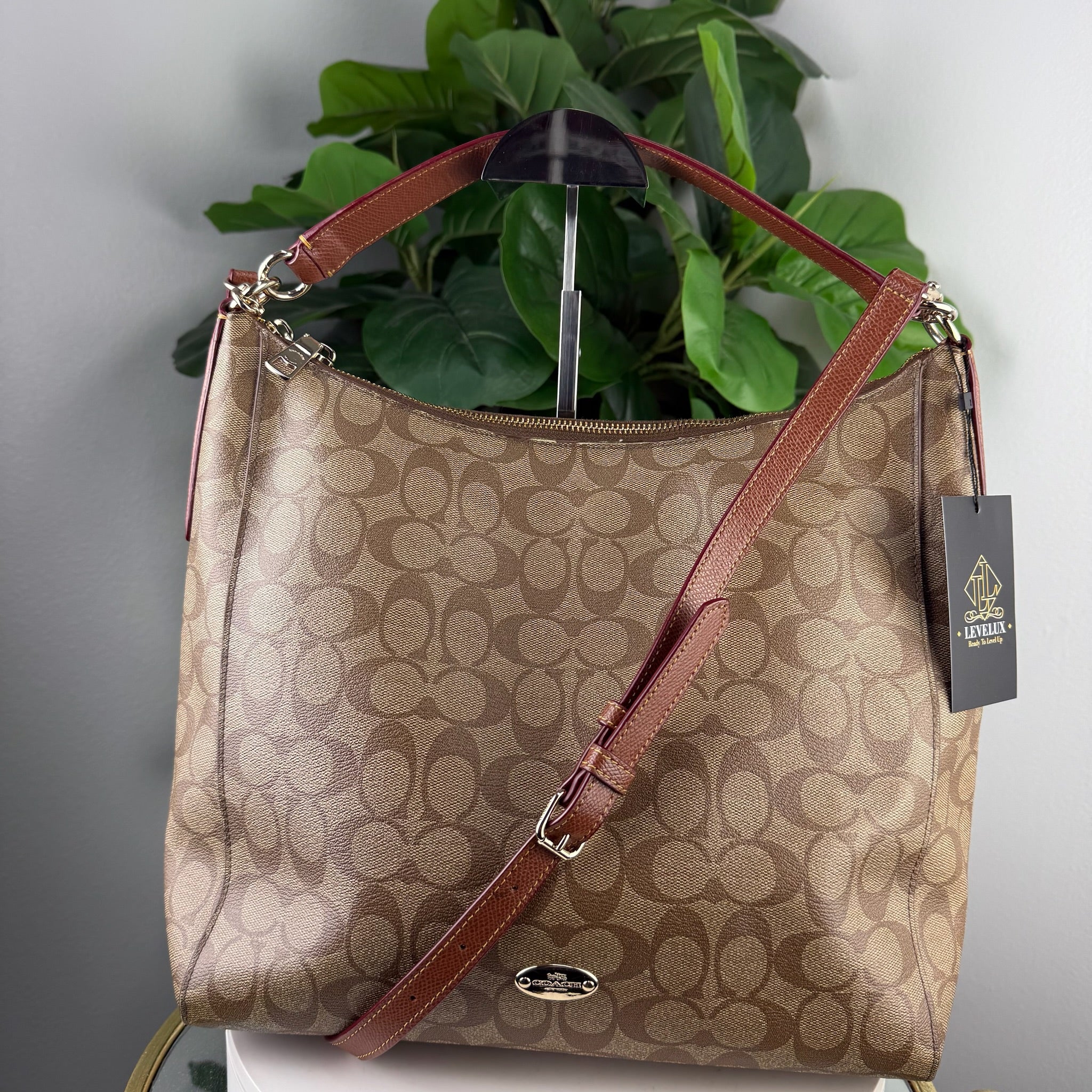 Authentic Coach Signature Jacquard Hobo Bag - Mahogany Trim - front
