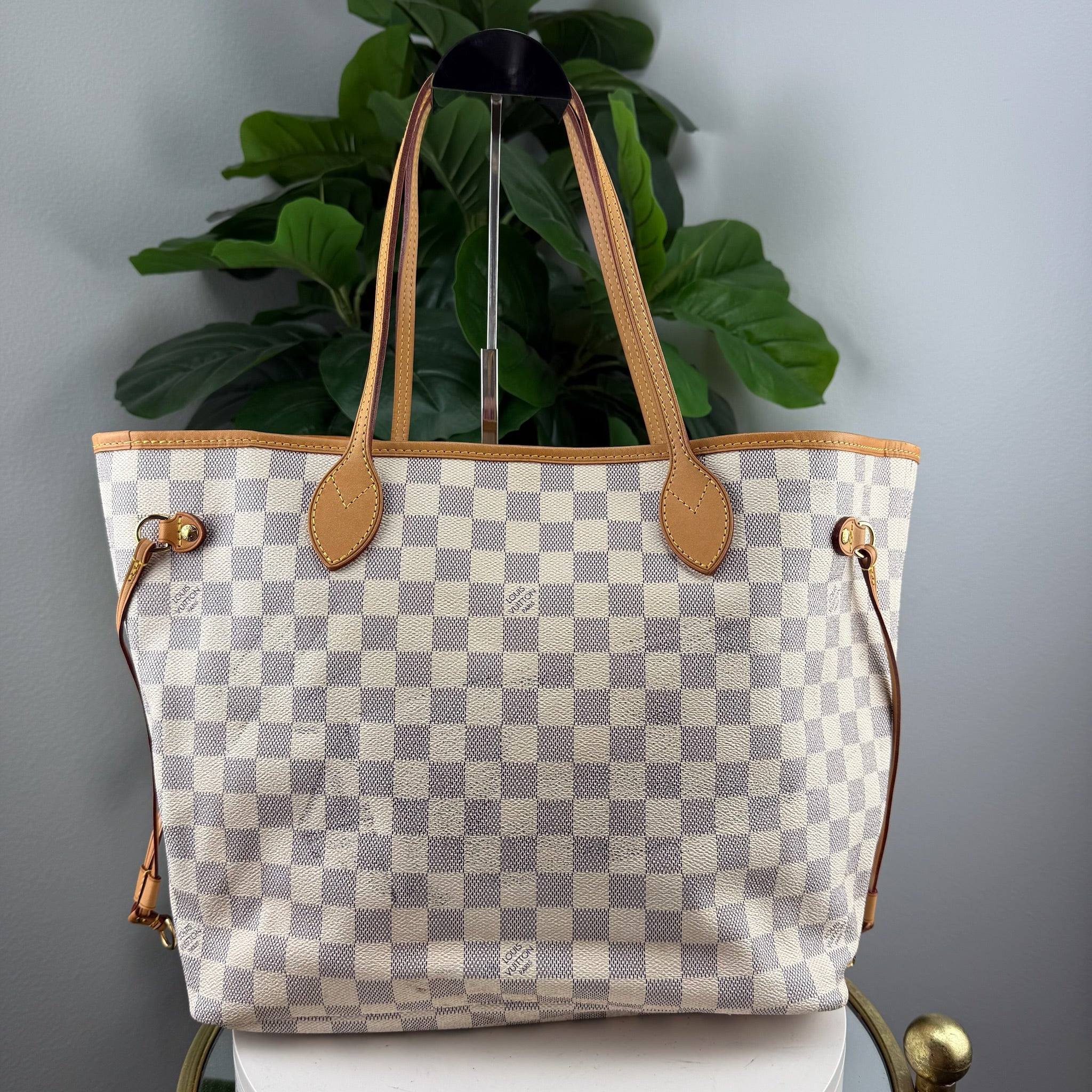 Authentic Louis Vuitton Neverfull MM Damier Azur Canvas Tote Bag with Vachetta Leather Trim - Certificate of Authenticity Included