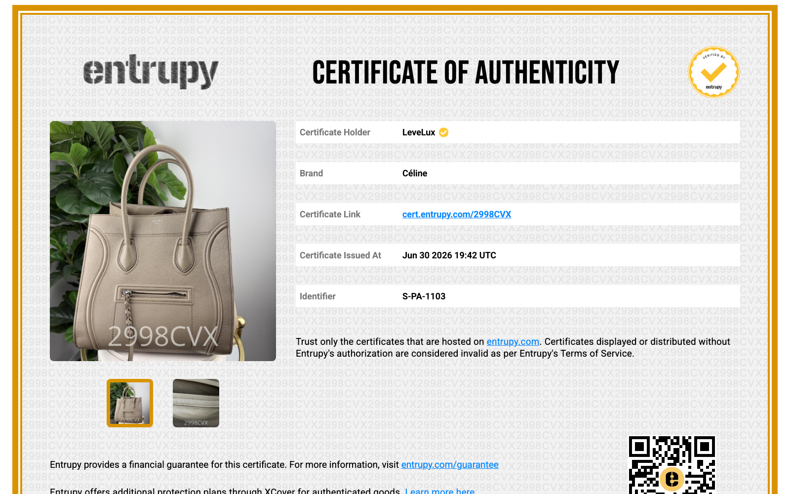Entrupy Certificate of Authenticity 2998CVX