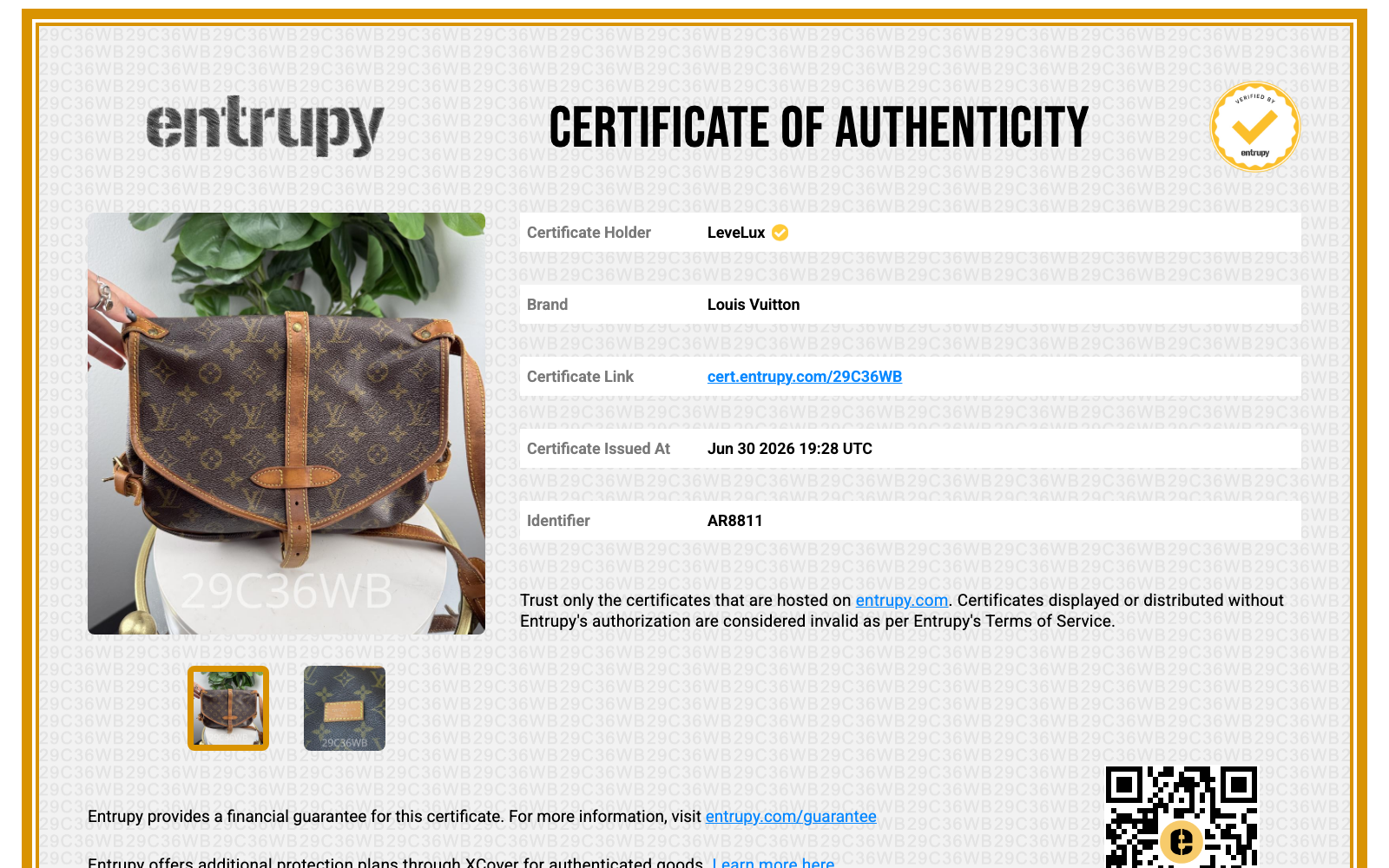 Entrupy Certificate of Authenticity 29C36WB