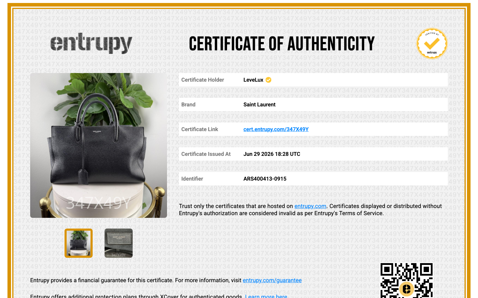 Entrupy Certificate of Authenticity 347X49Y