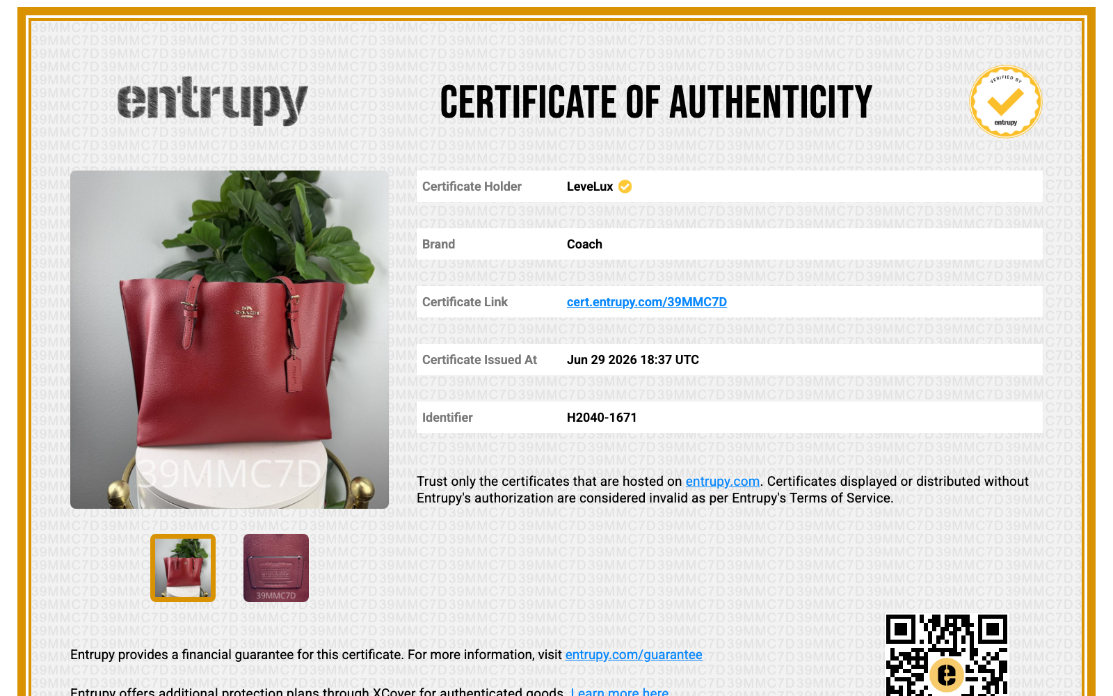 Entrupy Certificate of Authenticity 39MMC7D