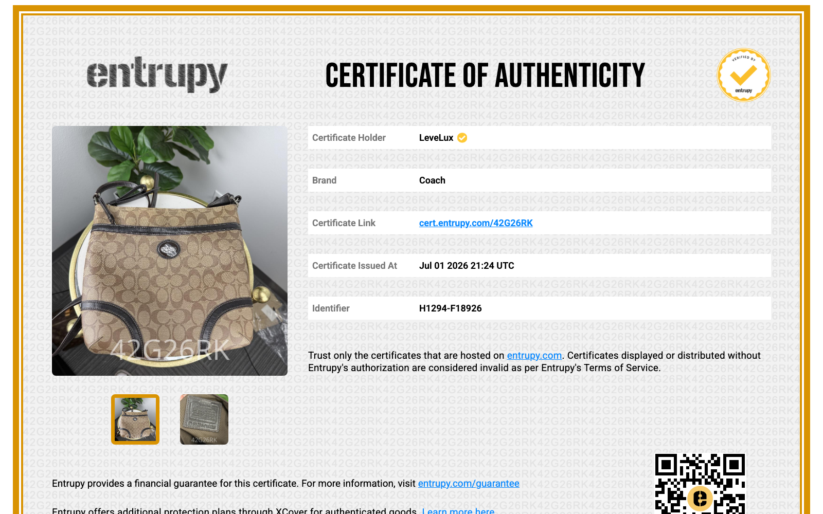 Entrupy Certificate of Authenticity 42G26RK