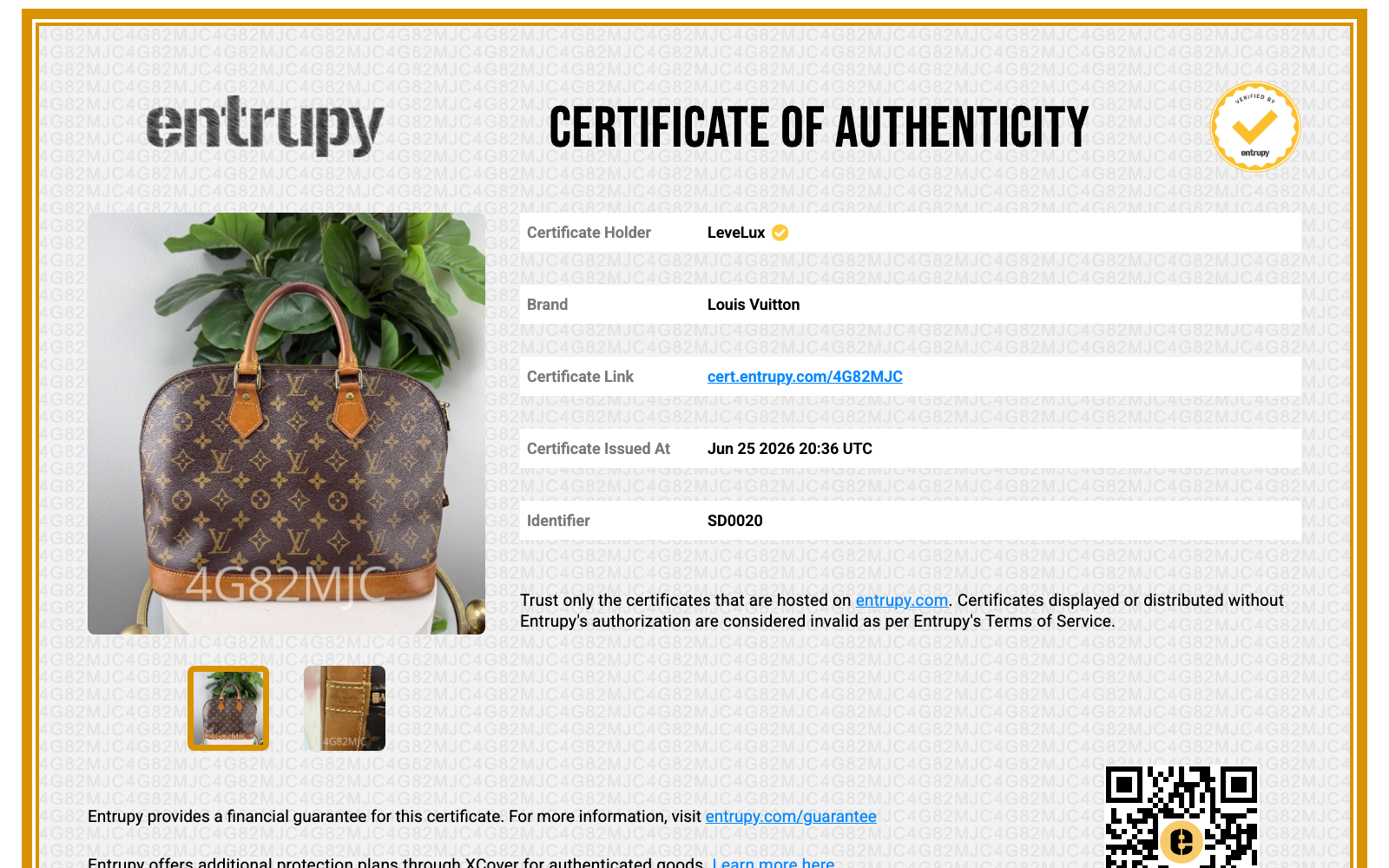 Entrupy Certificate of Authenticity 4G82MJC