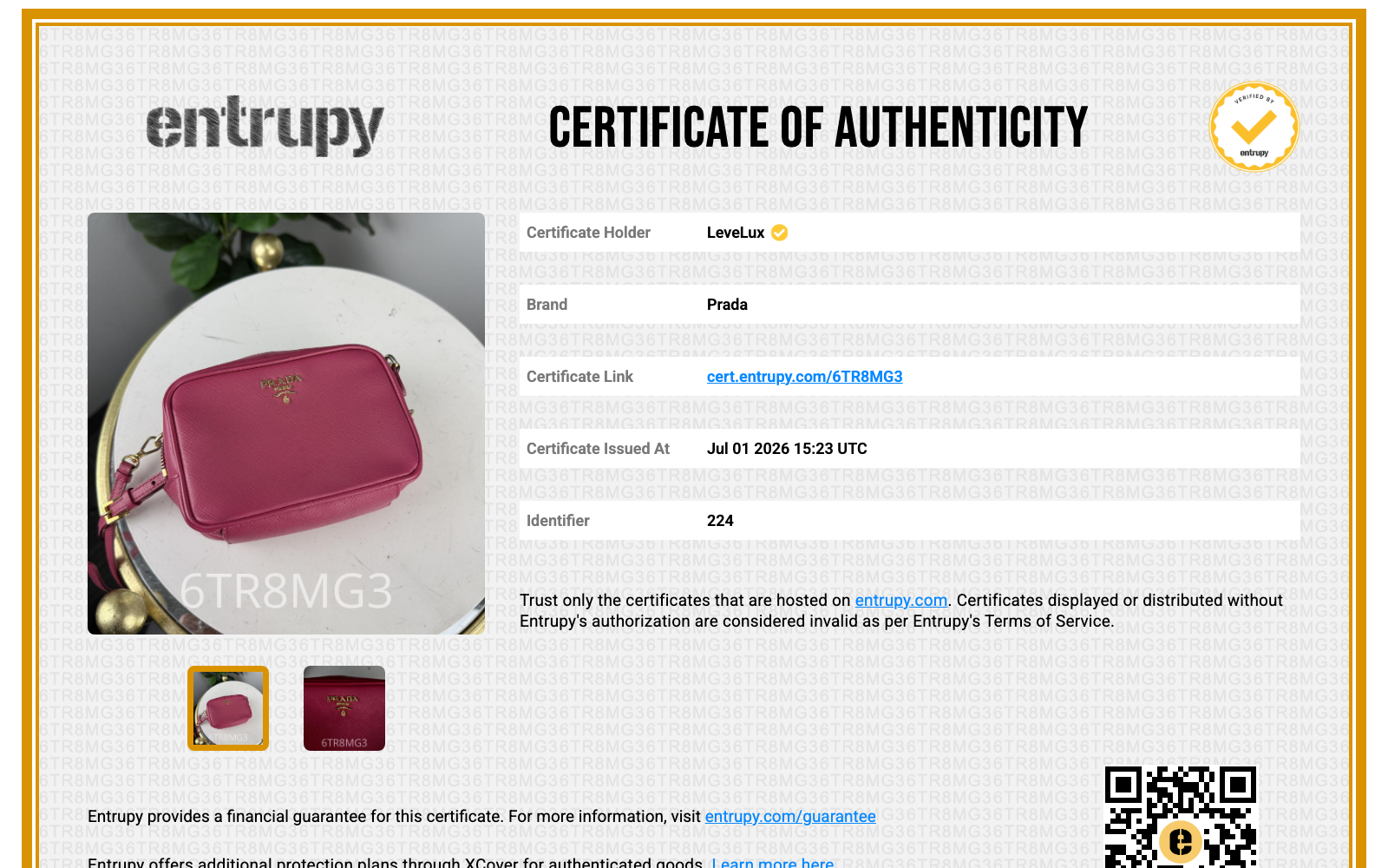 Entrupy Certificate of Authenticity 6TR8MG3