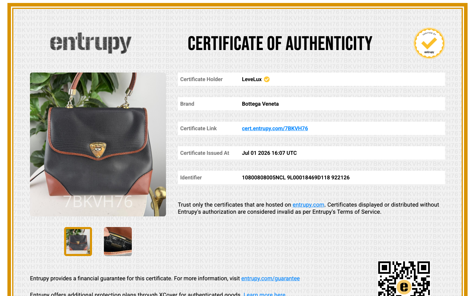 Entrupy Certificate of Authenticity 7BKVH76