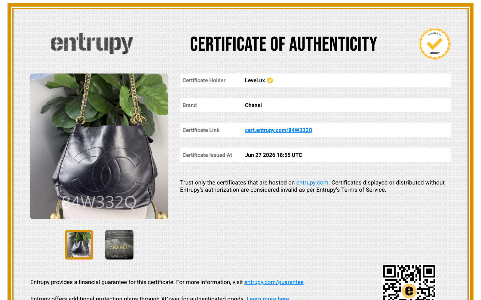 Entrupy Certificate of Authenticity 84W332Q