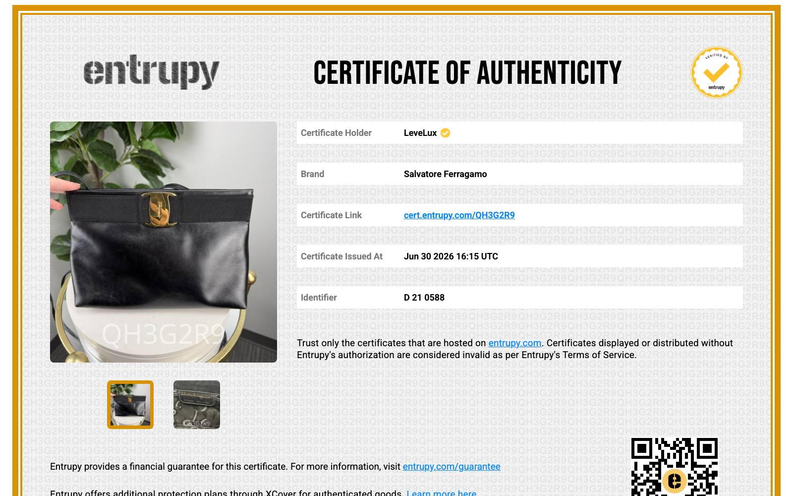 Entrupy Certificate of Authenticity QH3G2R9