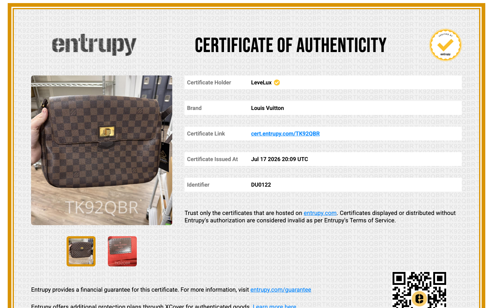 Entrupy Certificate of Authenticity TK92QBR