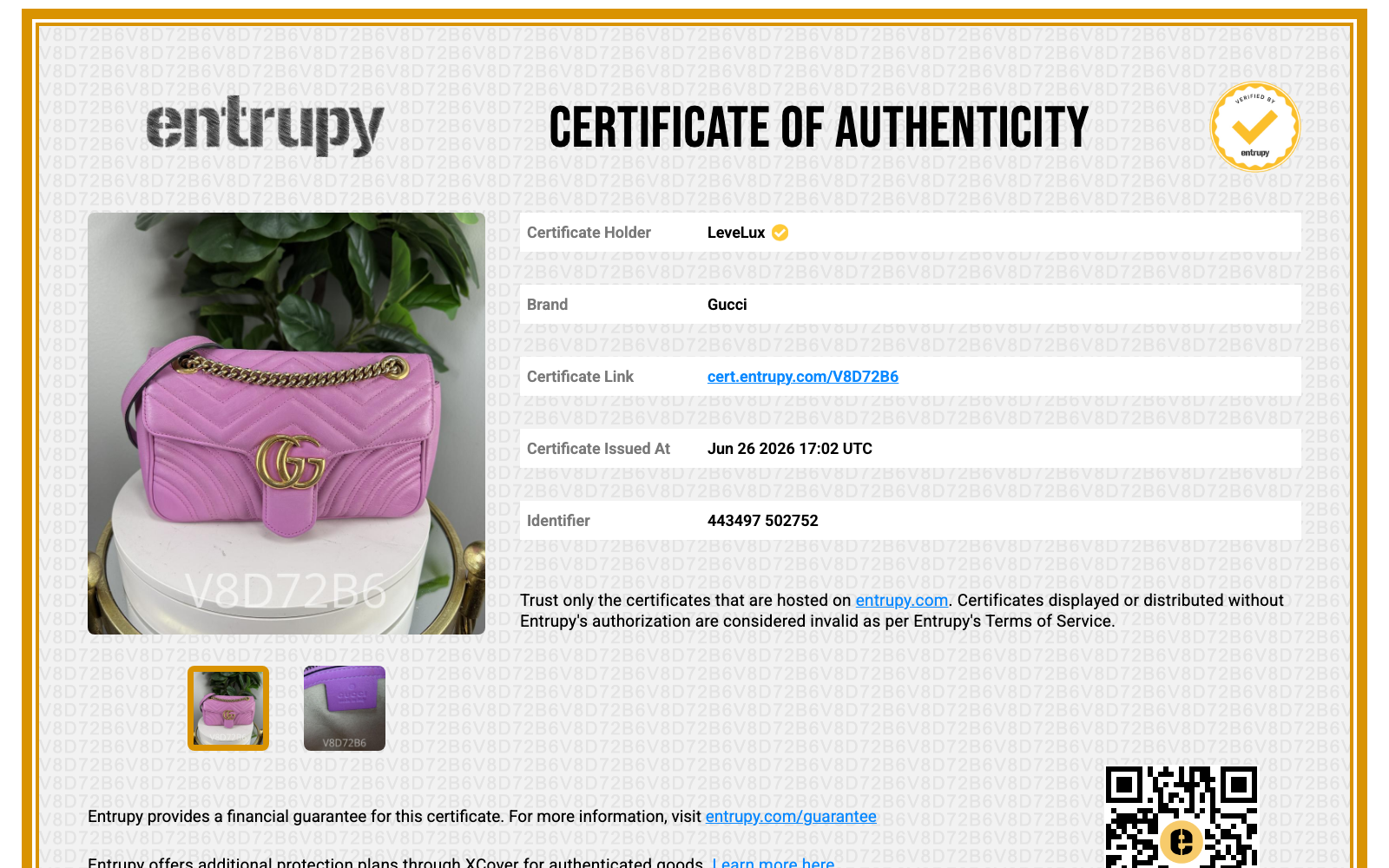 Entrupy Certificate of Authenticity V8D72B6