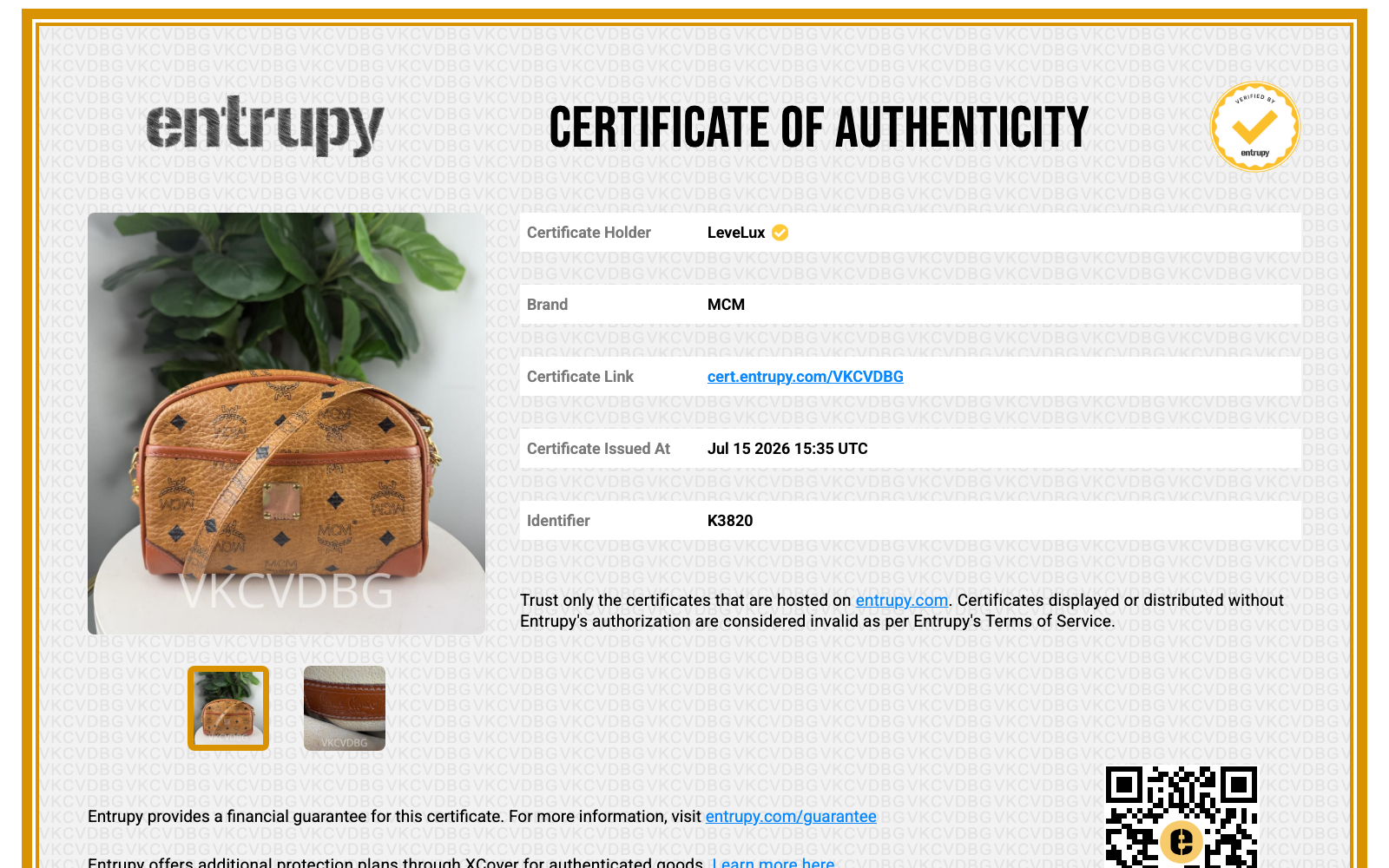 Entrupy Certificate of Authenticity VKCVDBG