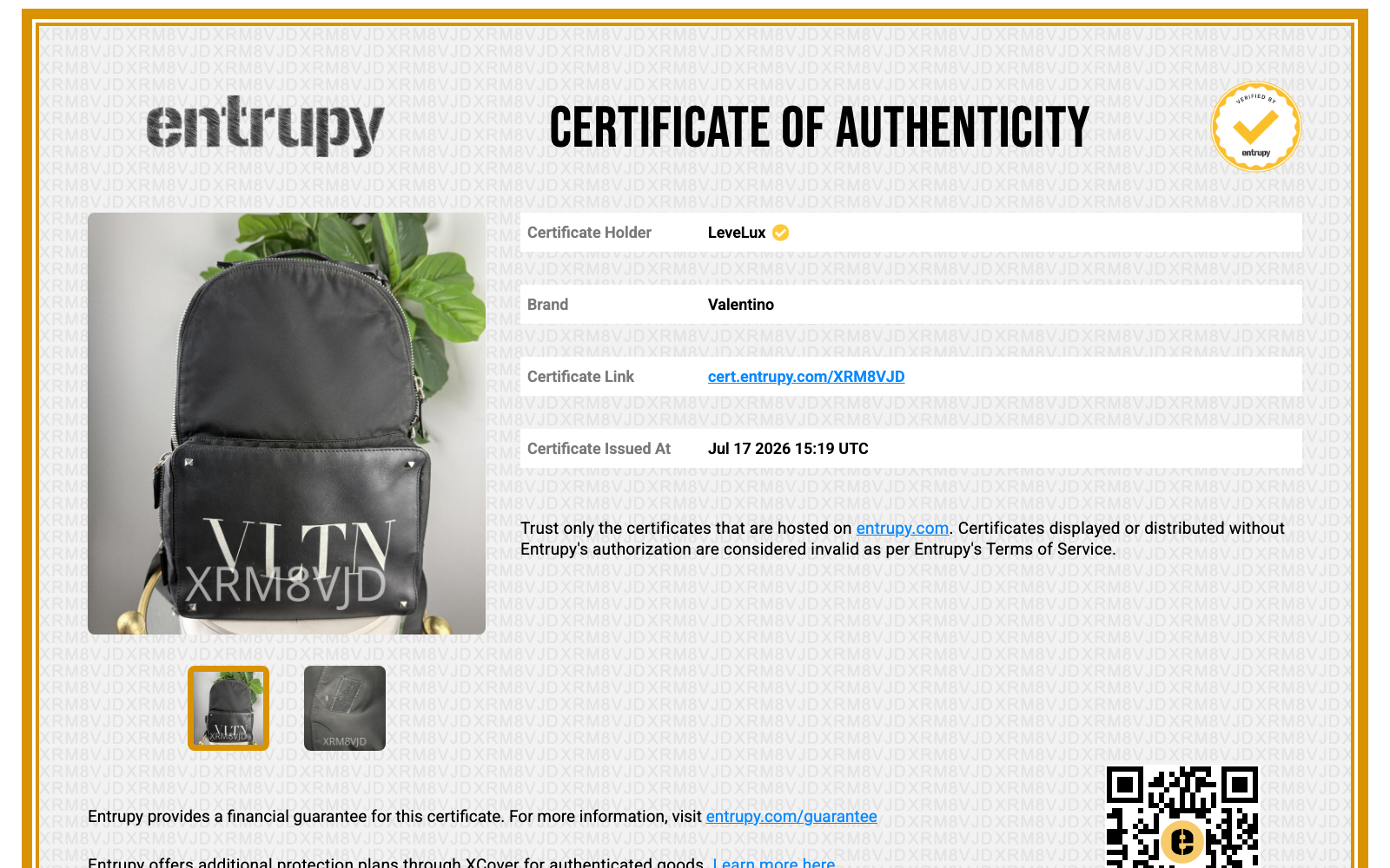 Entrupy Certificate of Authenticity XRM8VJD