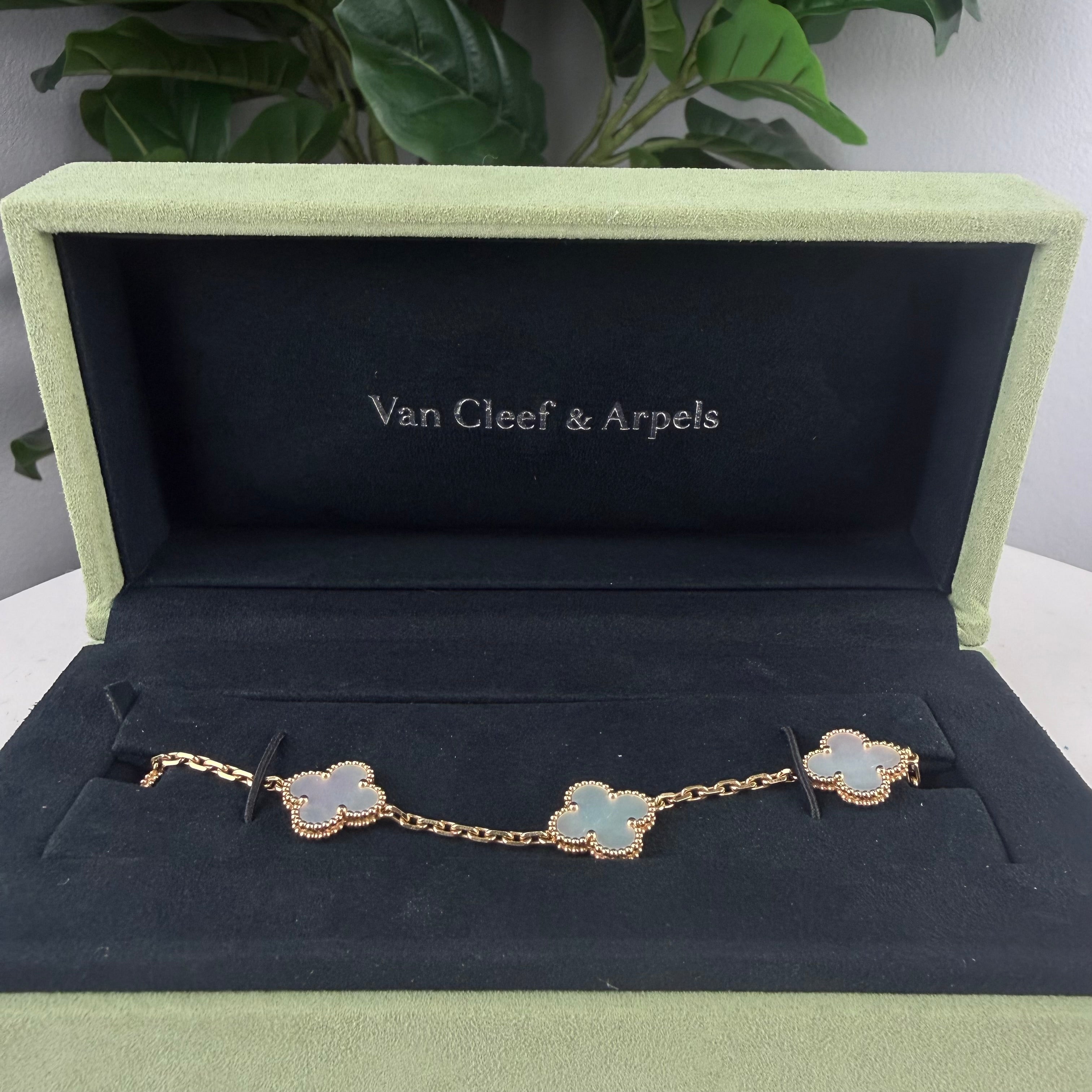 Authentic Van Cleef & Arpels Vintage Alhambra 5-Motif Bracelet 18K Yellow Gold Mother-of-Pearl
