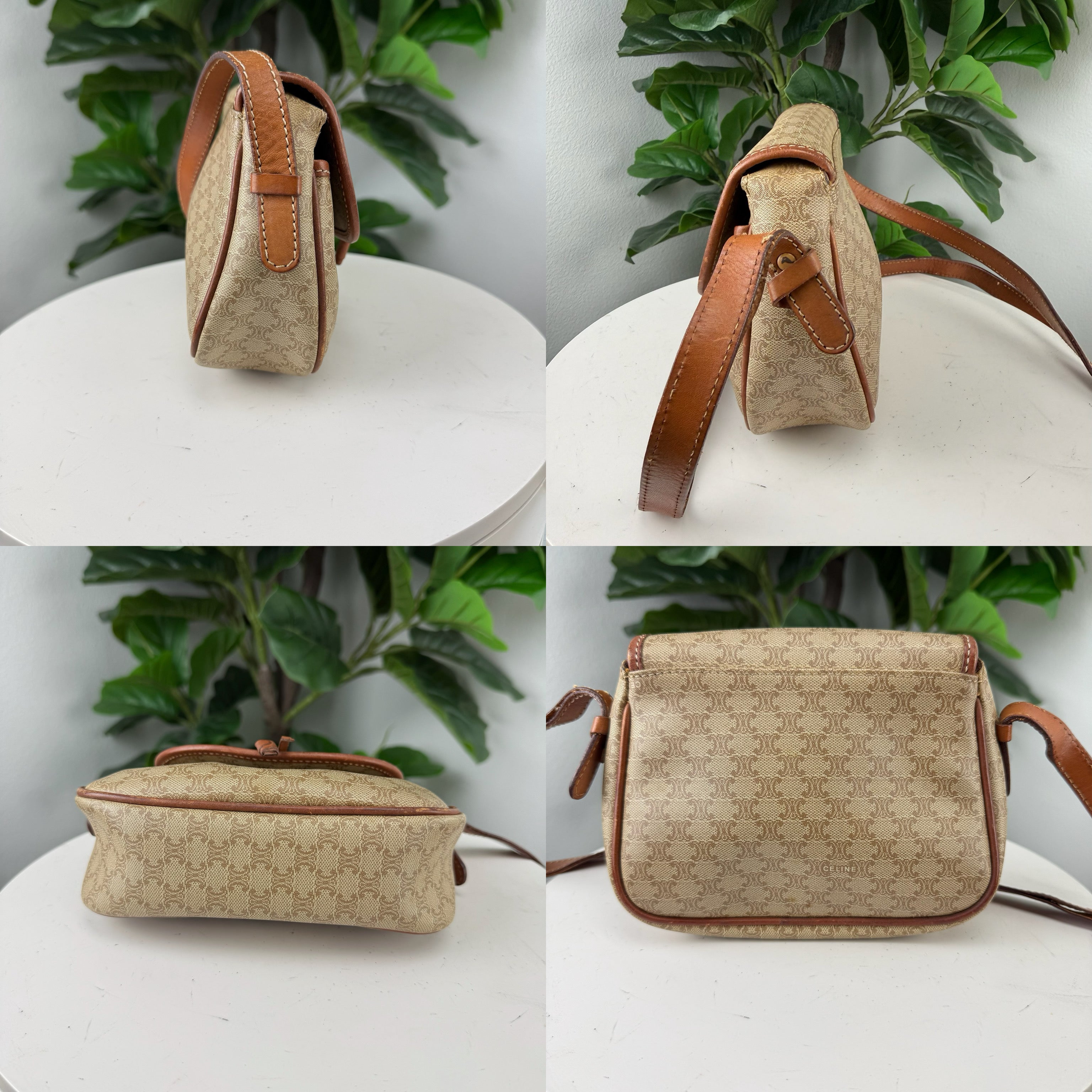 Authentic Celine Vintage Macadam Coated Canvas & Brown Leather Crossbody Bag - Certificate of Authenticity Included