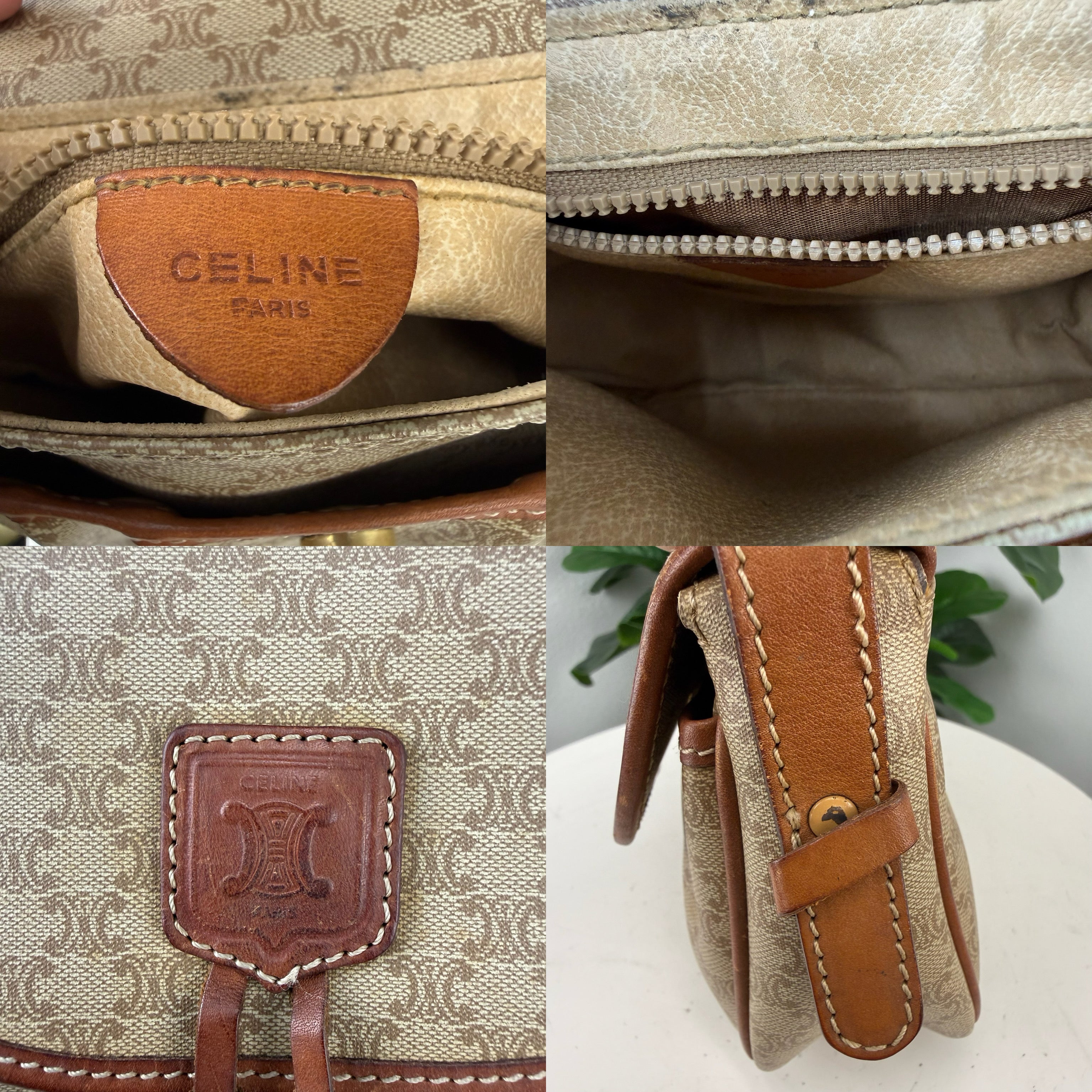 Authentic Celine Vintage Macadam Coated Canvas & Brown Leather Crossbody Bag - Certificate of Authenticity Included