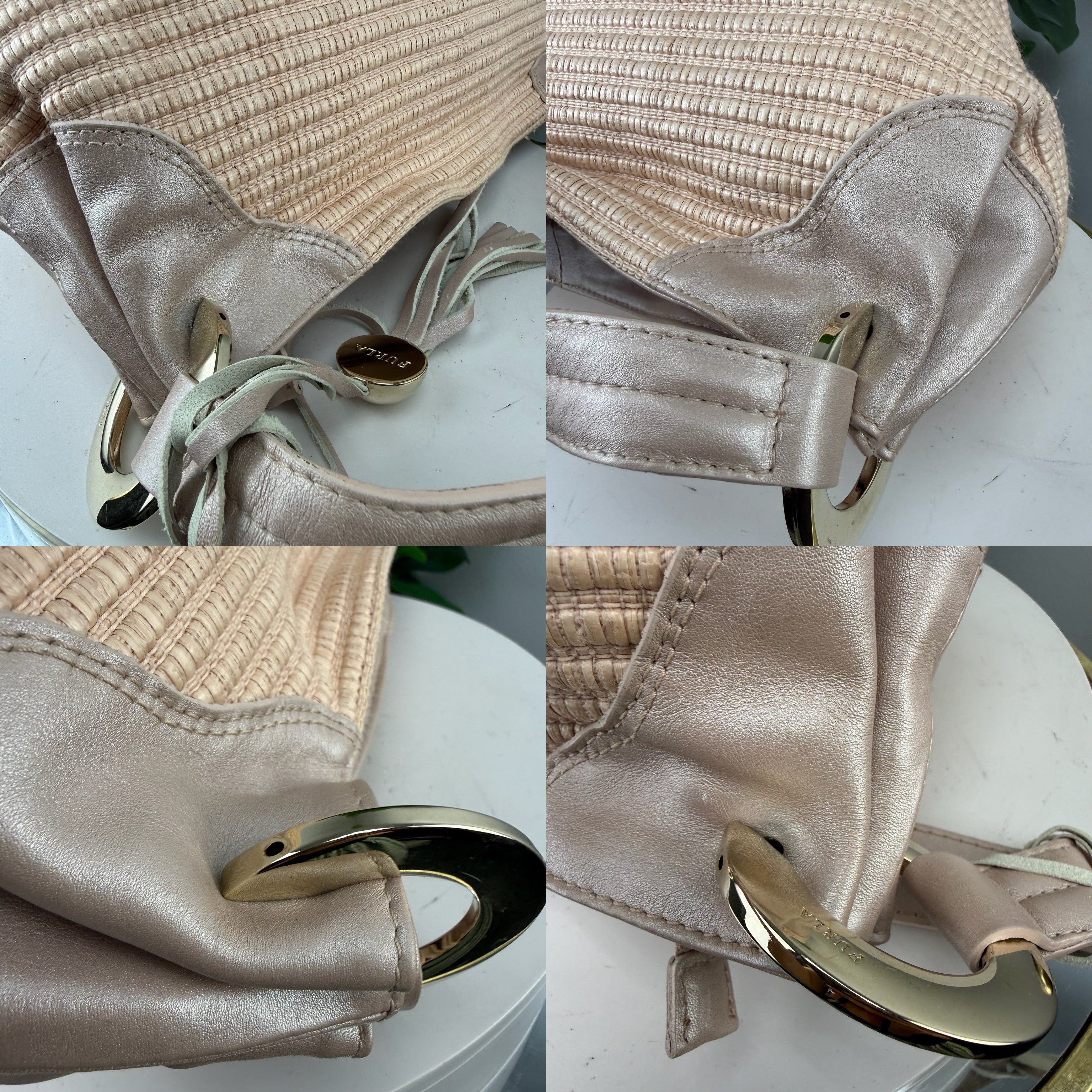 Authentic Furla Woven Raffia & Leather Drawstring Shoulder Bag - Certificate of Authenticity Included
