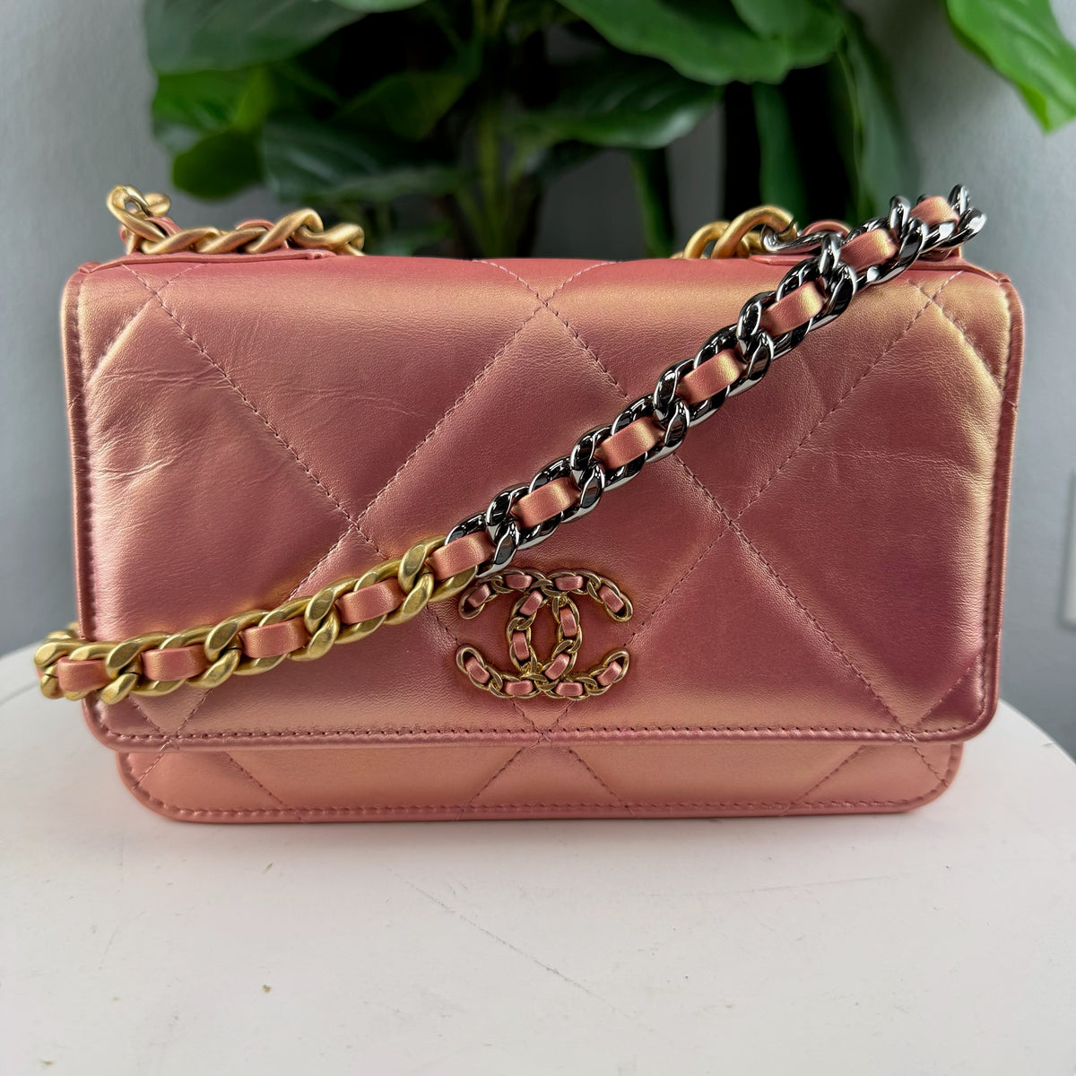 Authentic Chanel 19 Small Flap Bag Iridescent Pink Quilted Lambskin