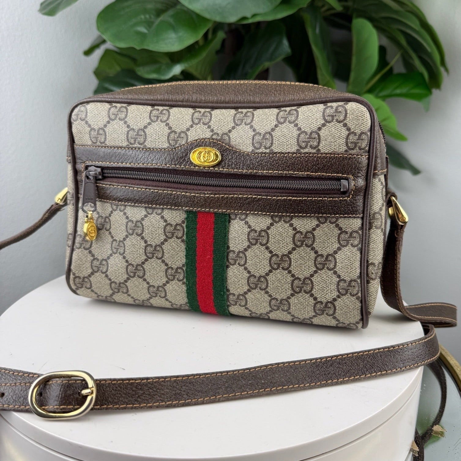 Authentic Gucci GG Pattern Sherry Line Shoulder bag Beige Vintage