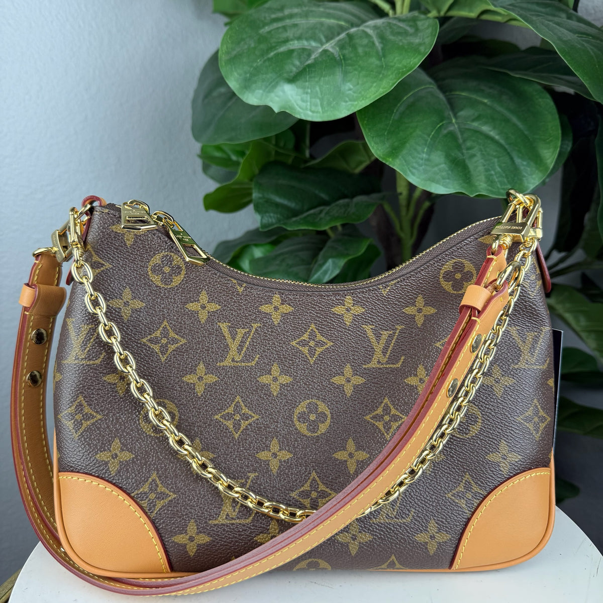 Authentic Louis Vuitton Boulogne Shoulder Bag in Monogram Canvas with Gold Chain Strap