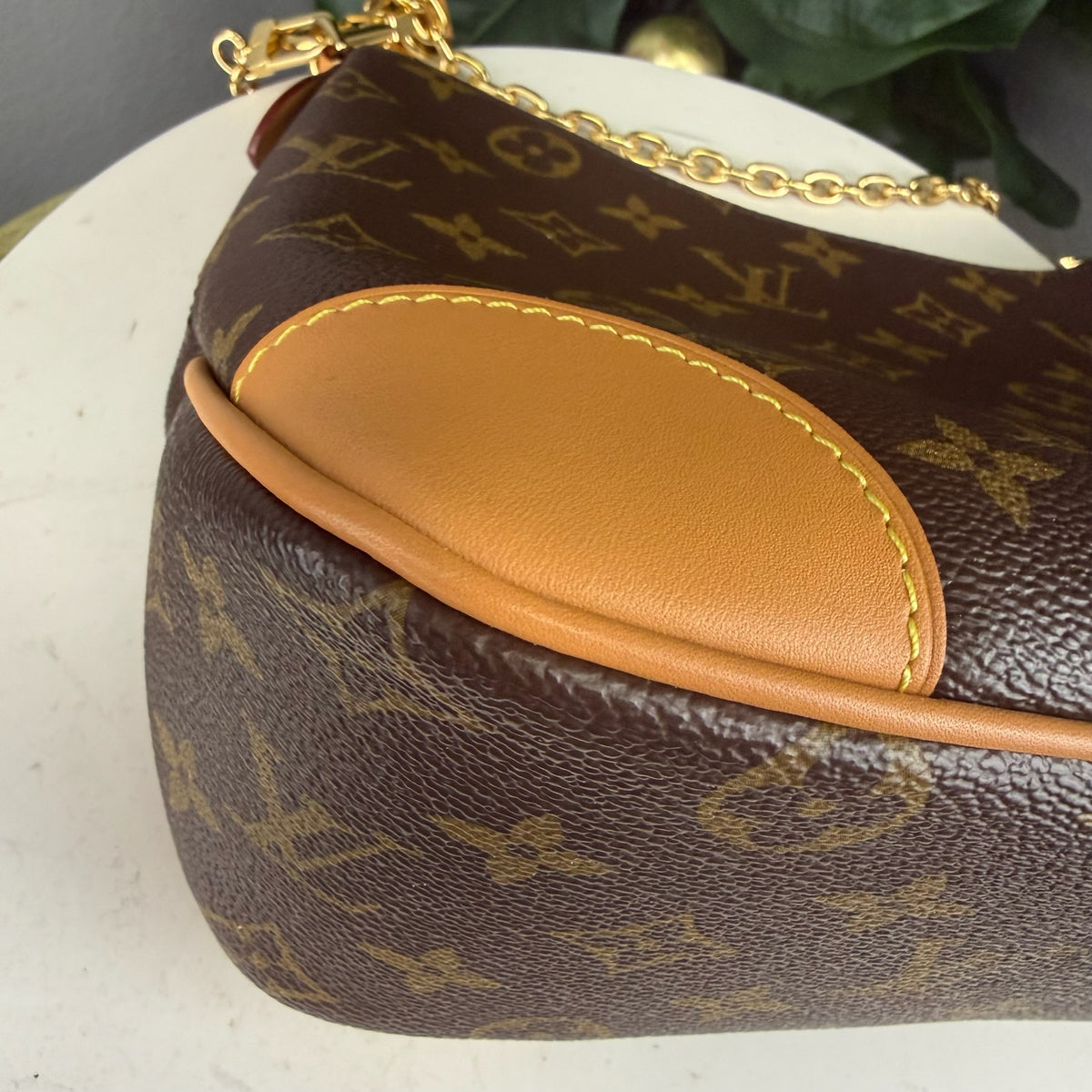 Authentic Louis Vuitton Boulogne Shoulder Bag in Monogram Canvas with Gold Chain Strap