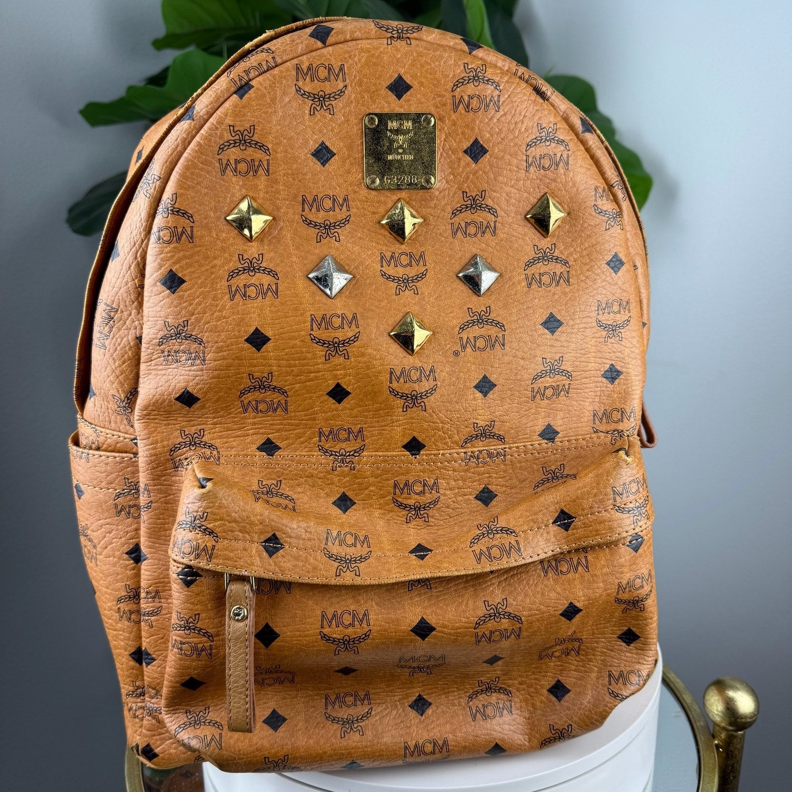 MCM Stark studded backpack cognac Visetos - front