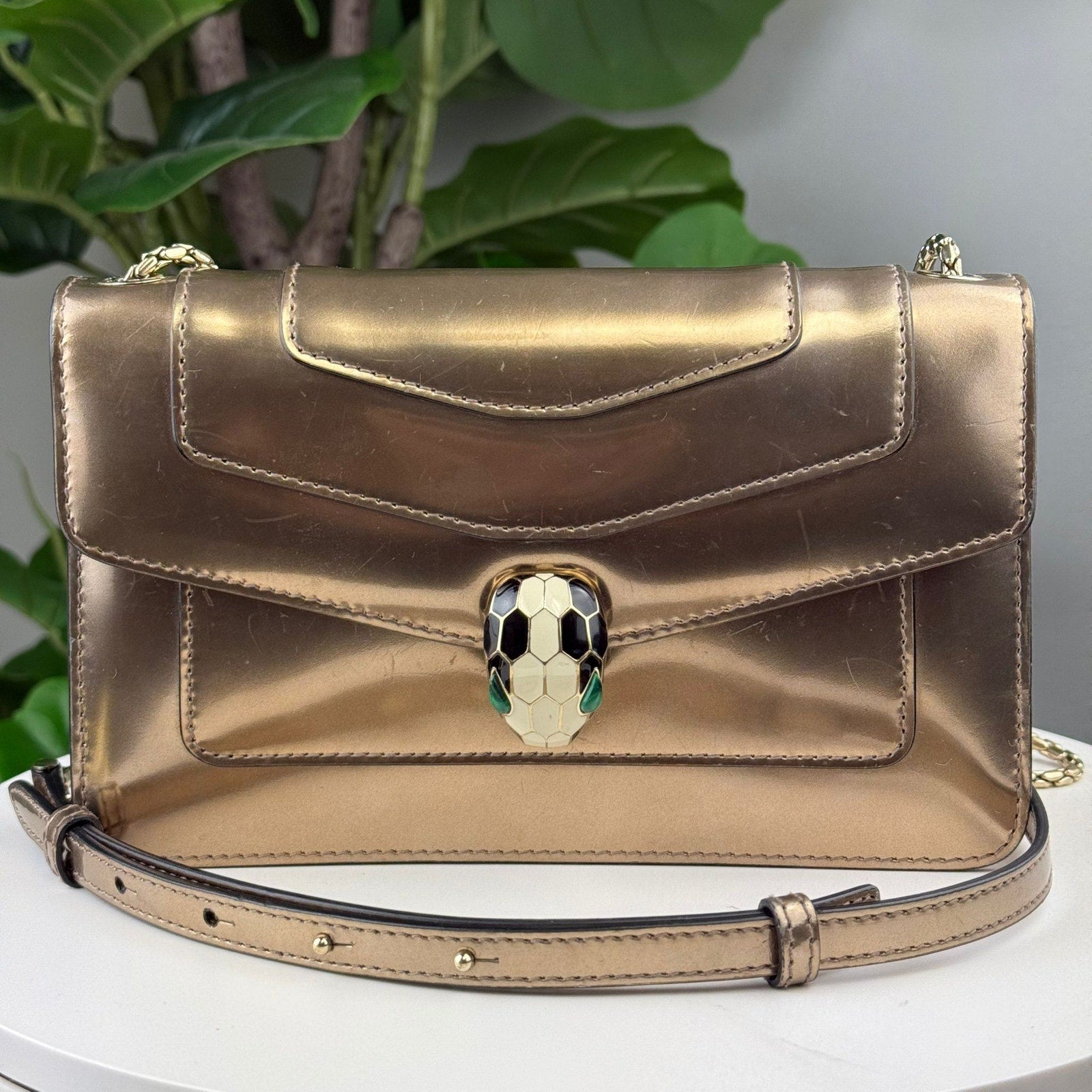 Authentic Bvlgari Metallic Patent Leather Serpenti Crossbody Bag