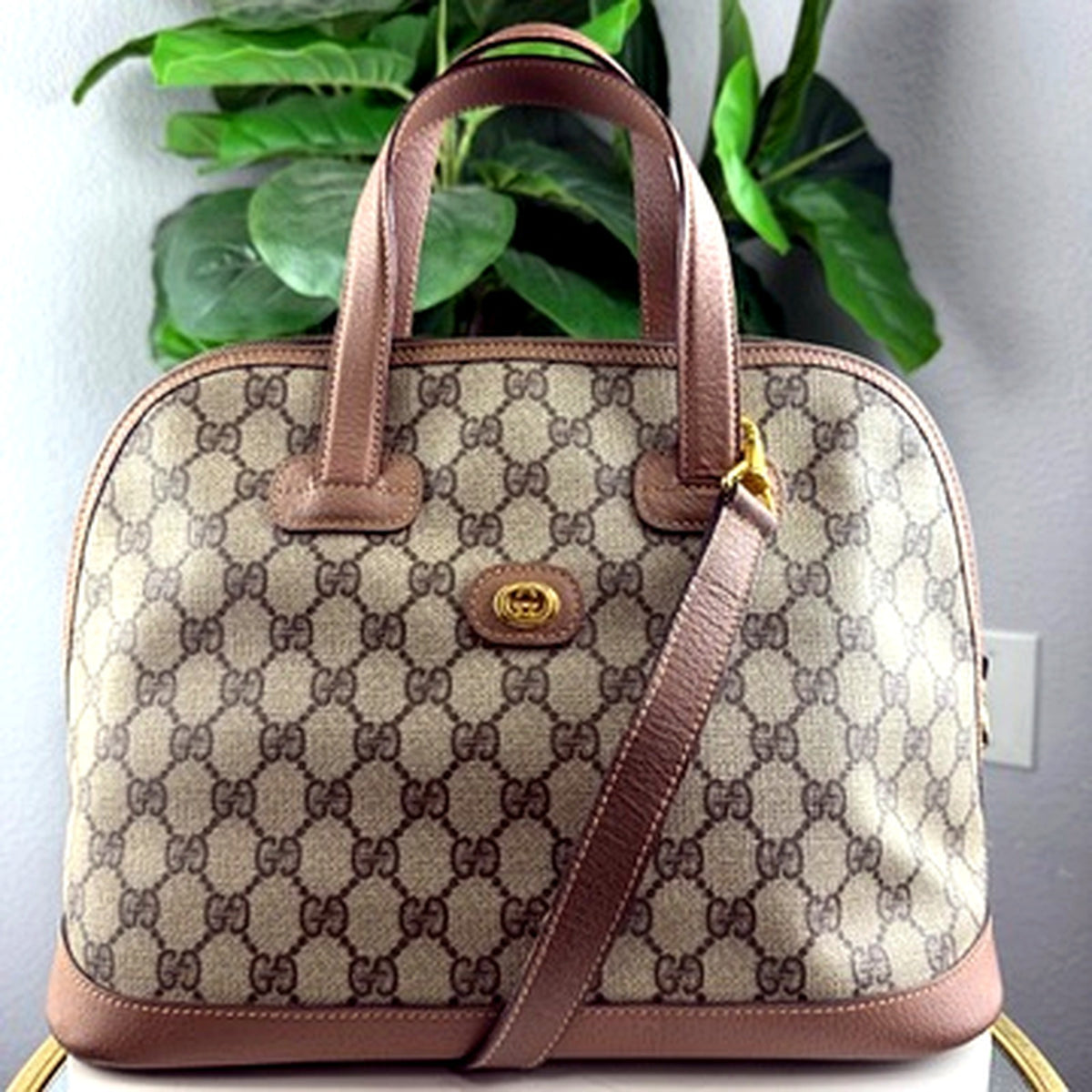 Authentic vintage Gucci GG Supreme canvas dome bowling bag, front view