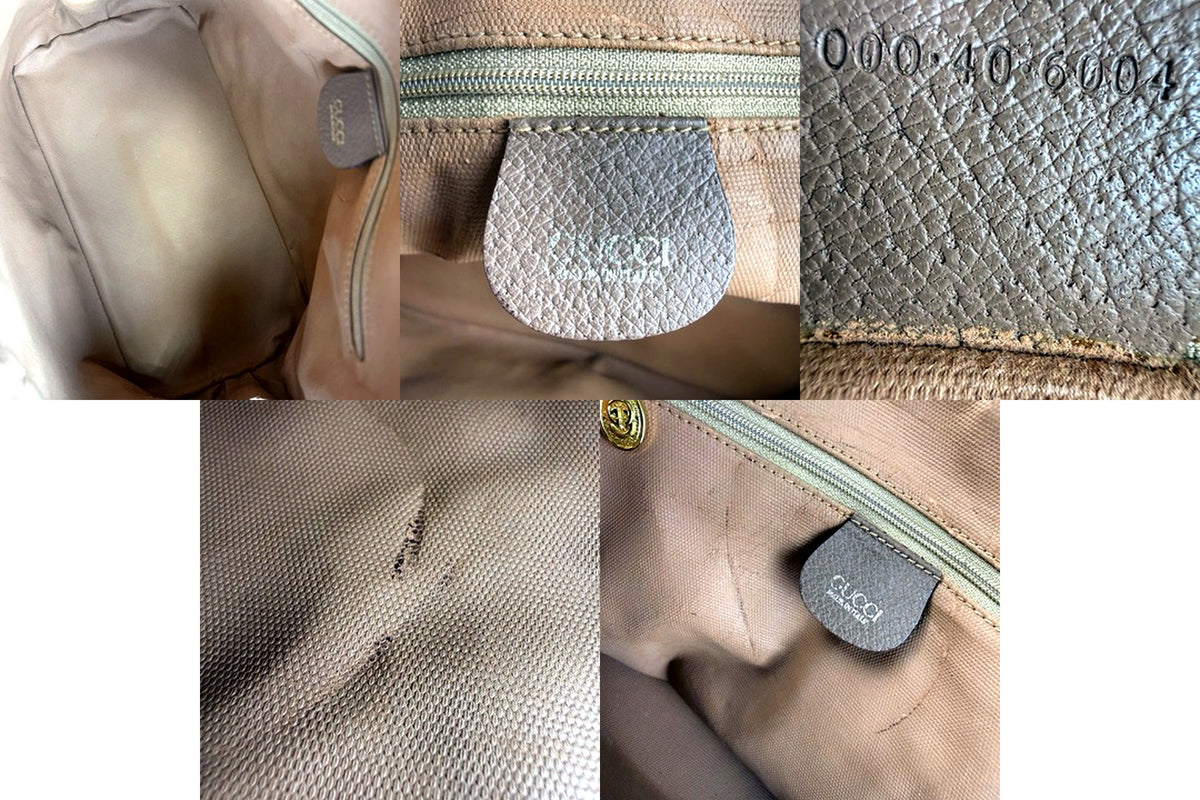 Gucci interior tag, serial number 000.40.6004, and fabric lining detail views