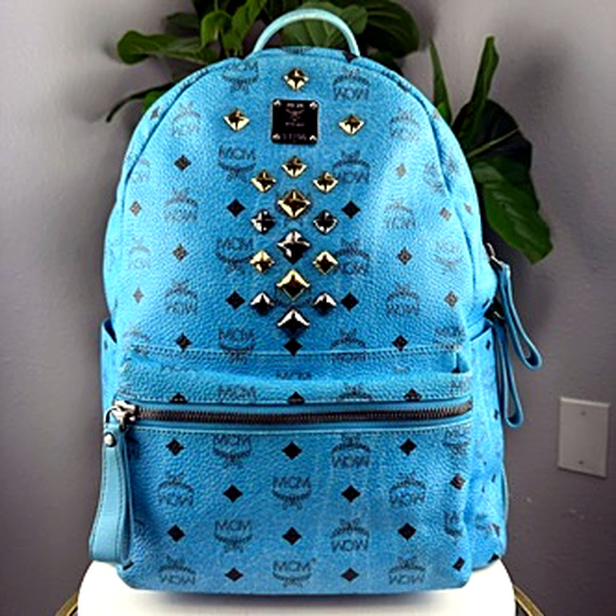 Authentic MCM Stark Sky Blue Visetos Studded Backpack - front