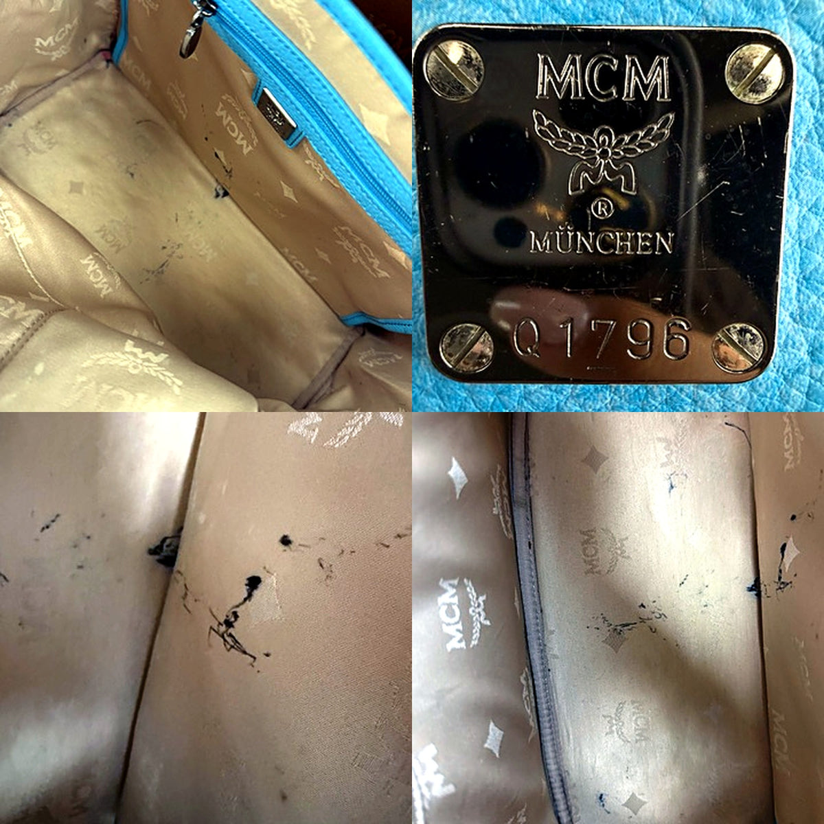 Authentic MCM Stark Sky Blue Visetos Studded Backpack - interior, hardware plate MCM MUNCHEN Q1796, and condition detail