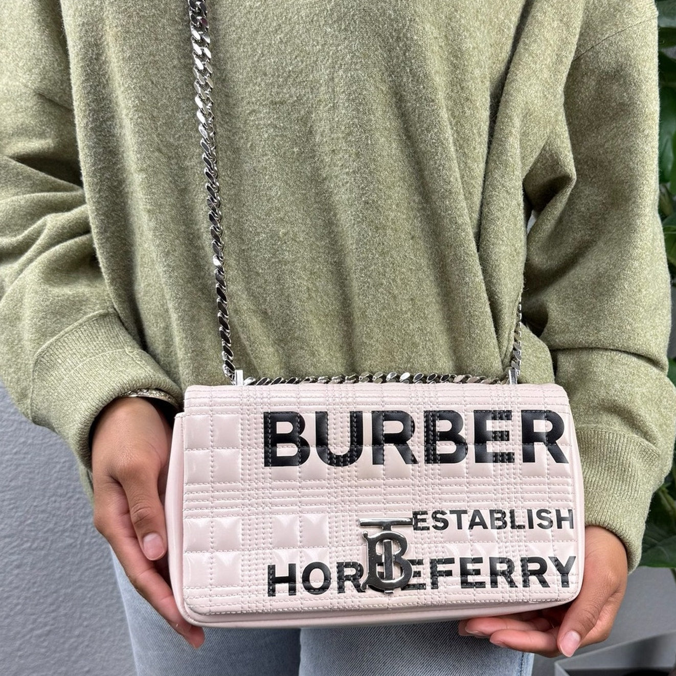 Burberry White/Black Quilted Coated Canvas Logo Print Small Lola Bag