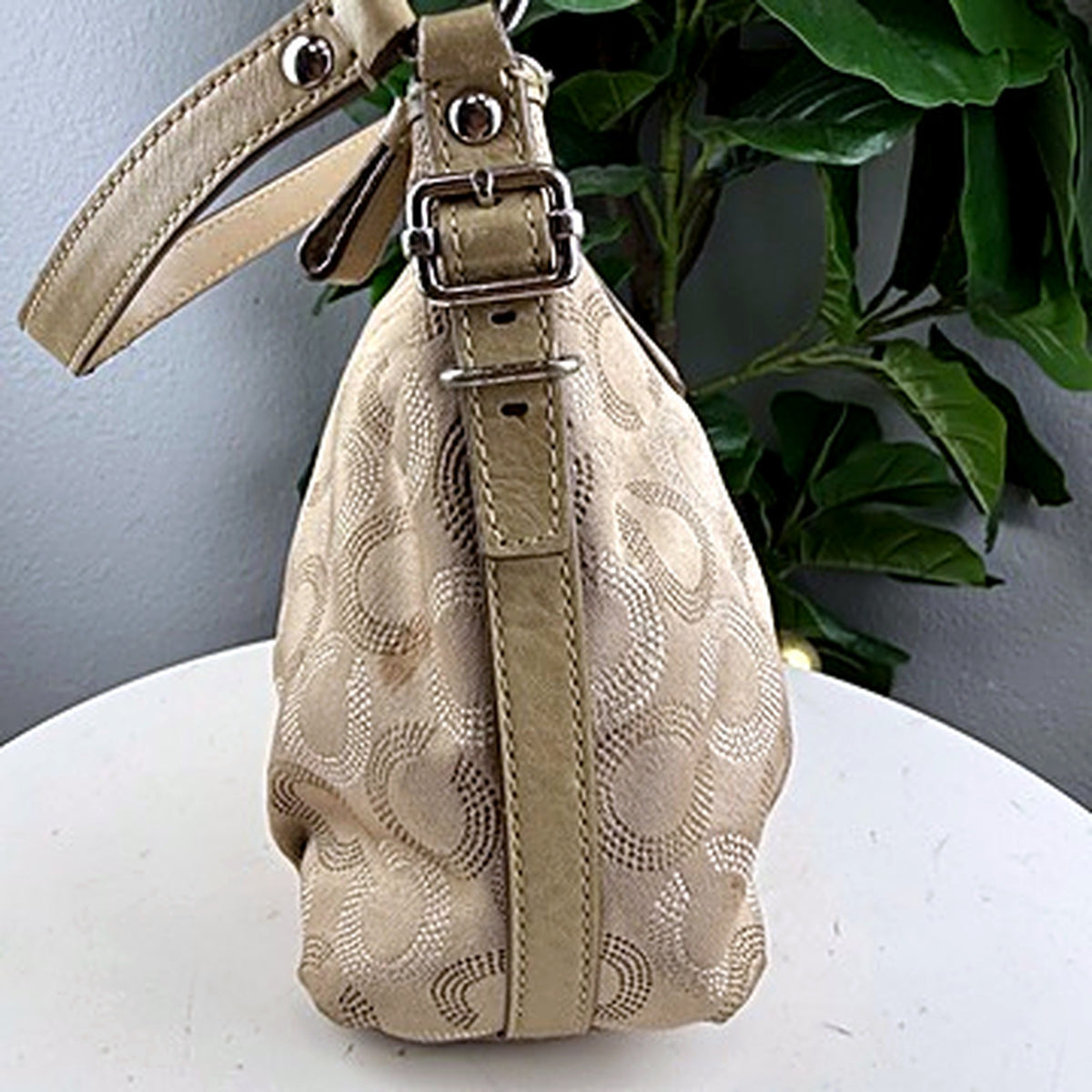 Authentic Coach Khaki Gold Signature Dotted Jacquard Hobo Bag - side