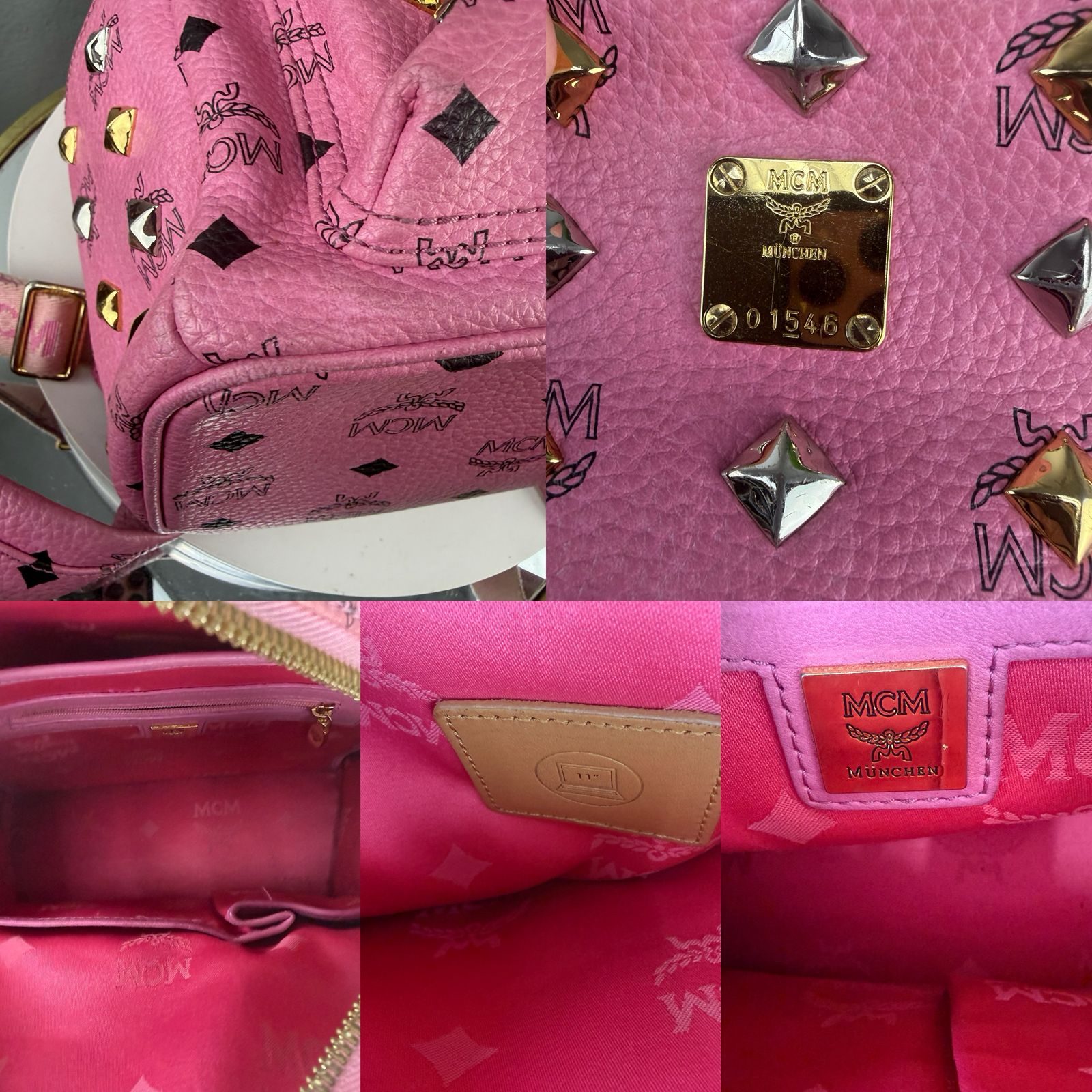 MCM Pink Visetos Studded Stark Backpack
