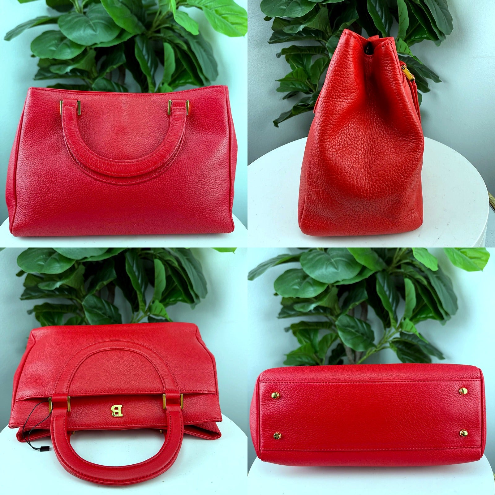 Authentic Bally Red Pebbled Leather Structured Tote Bag - detail