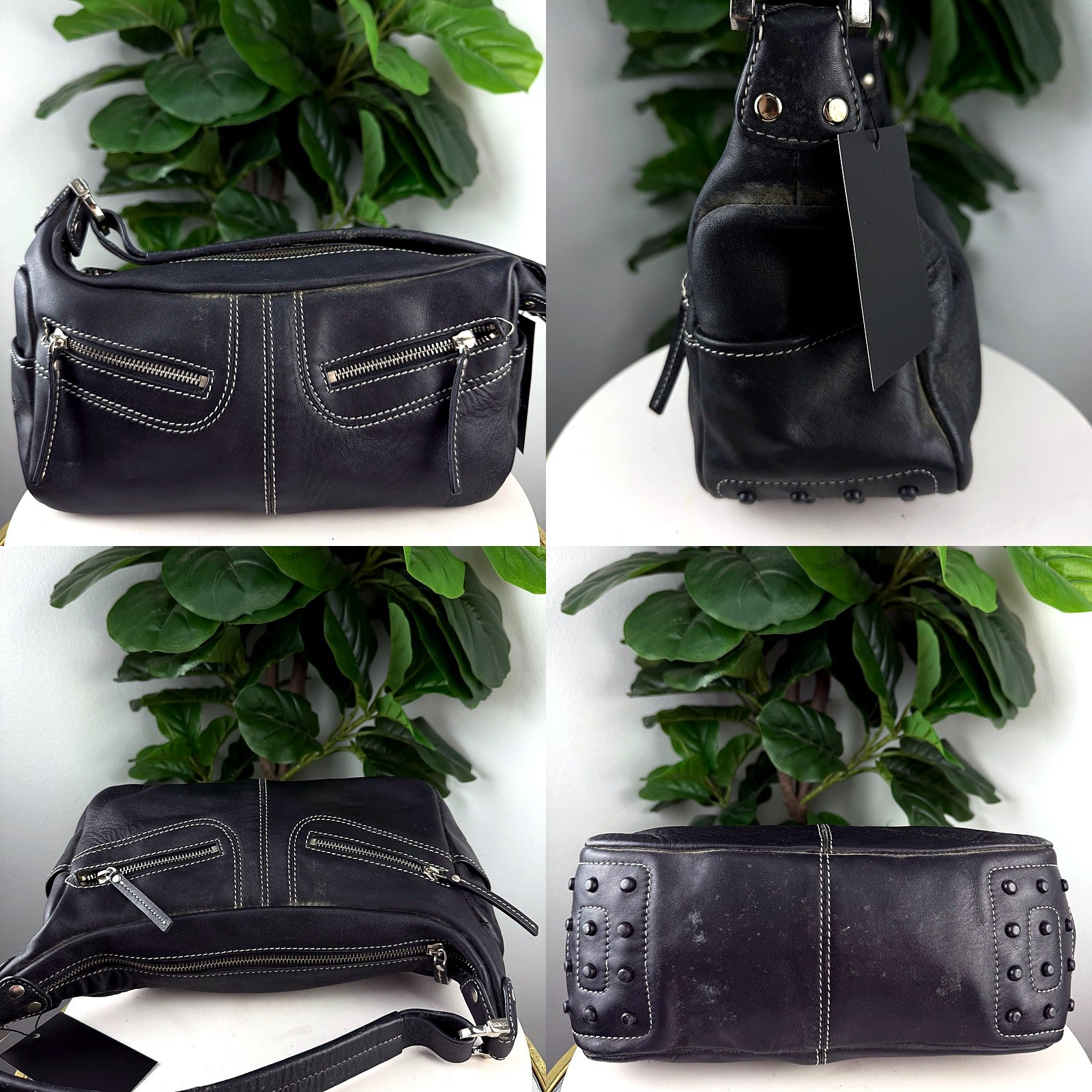Authentic Tod's Black Leather Hobo Bag detail grid 1