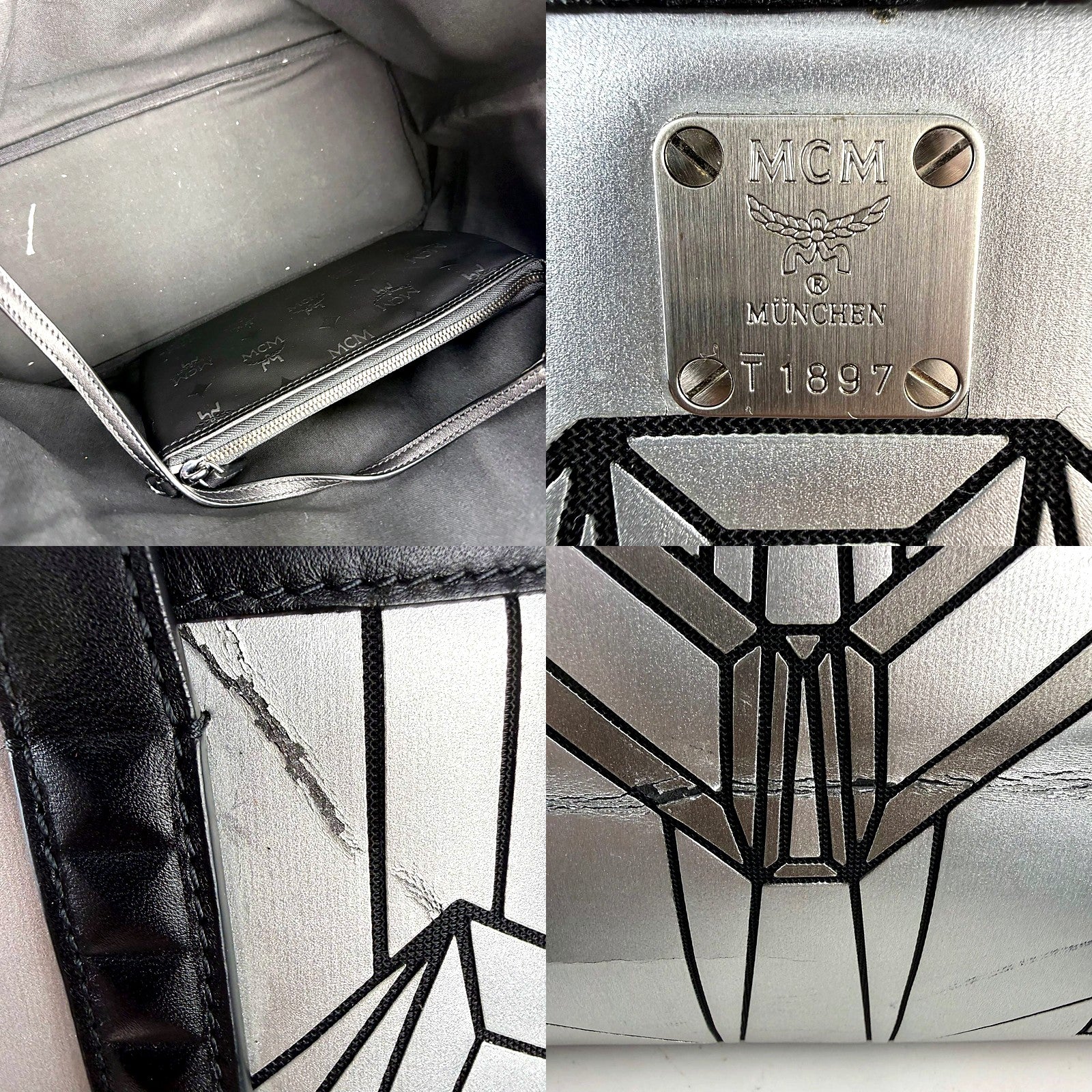 Authentic MCM Crystalline Tote coating cracking detail grid