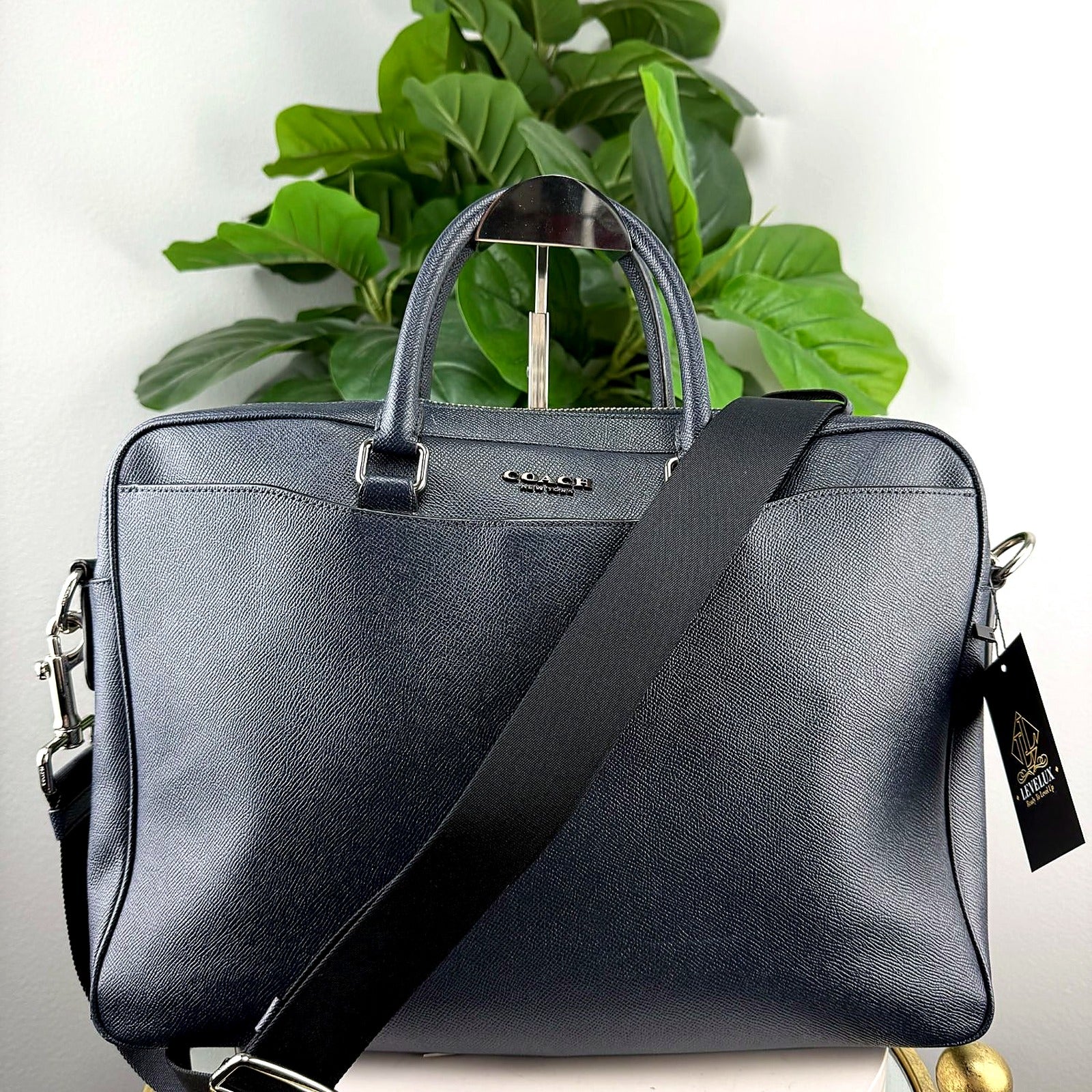 Authentic Coach Navy Crossgrain Leather Briefcase - front view