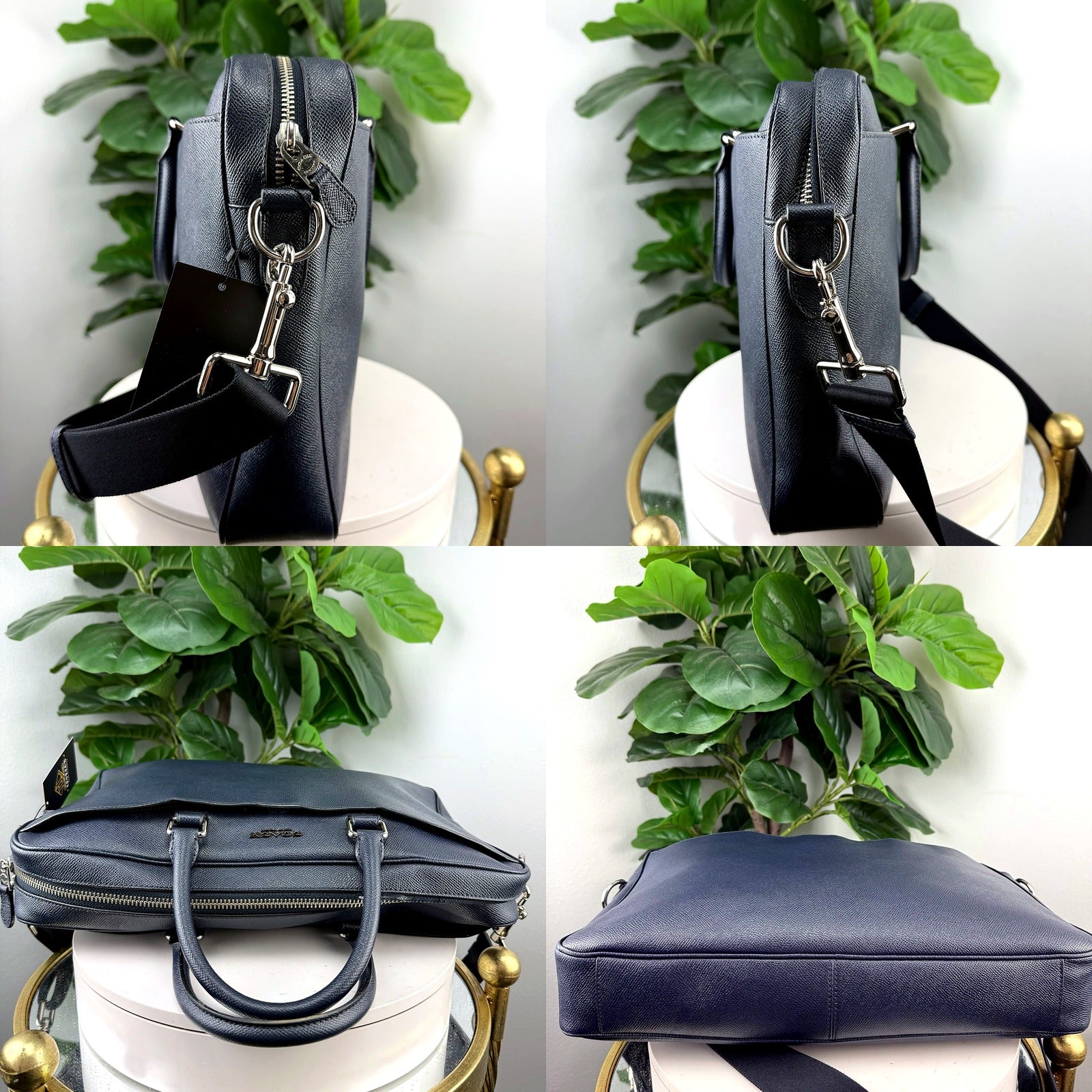 Authentic Coach Navy Crossgrain Leather Briefcase - side, top, and bottom views