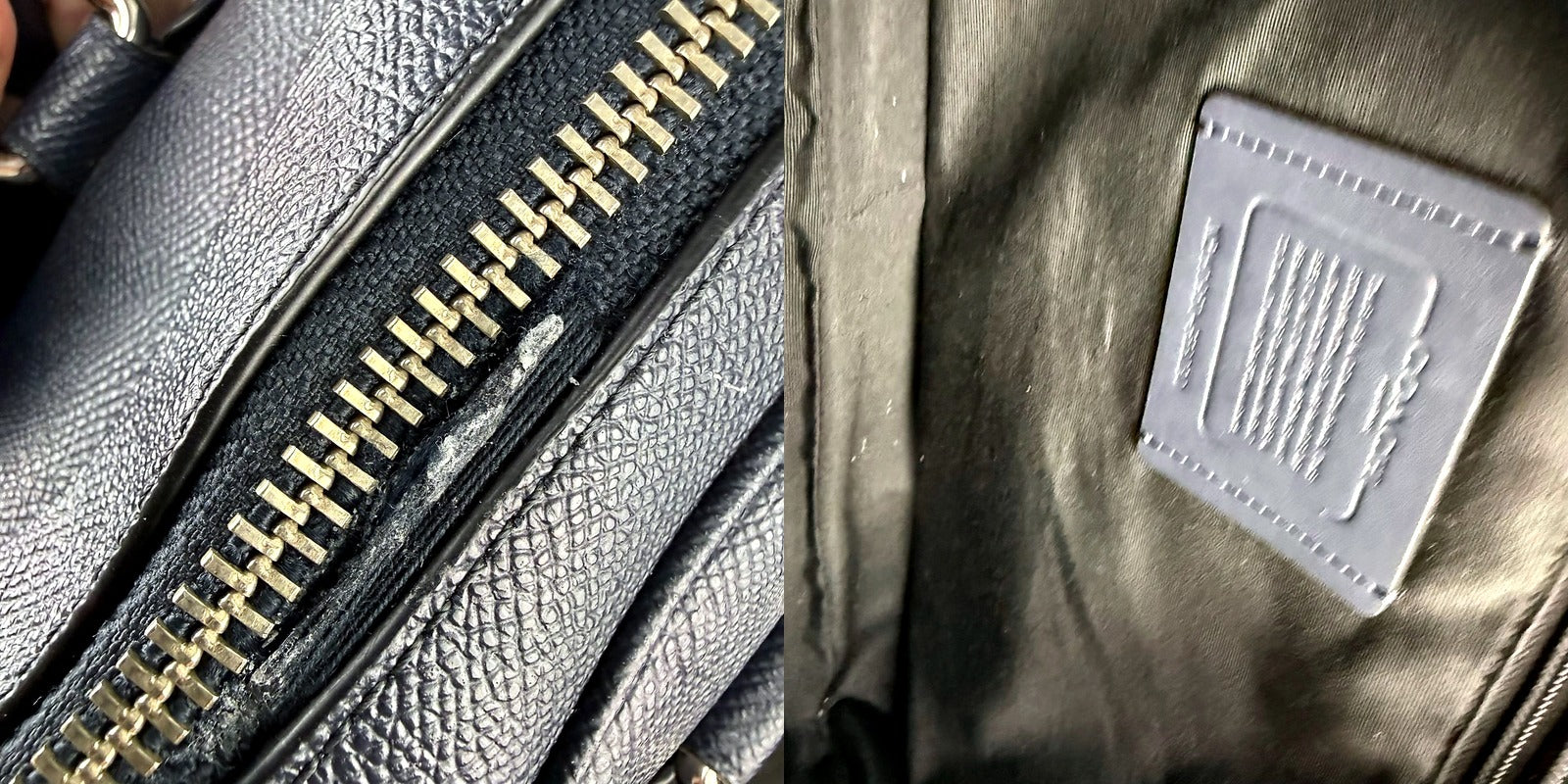 Authentic Coach Navy Crossgrain Leather Briefcase - zipper and Coach leather patch detail