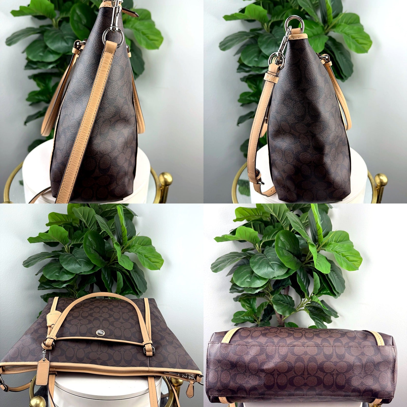 Coach brown Signature tote silhouette, top handles, and hardware detail collage