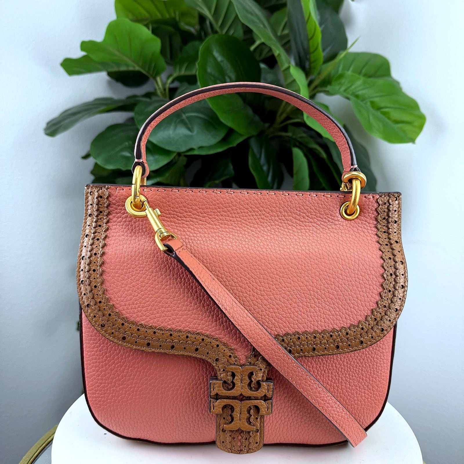Authentic Tory Burch McGraw Brogue Saddle Bag - front view