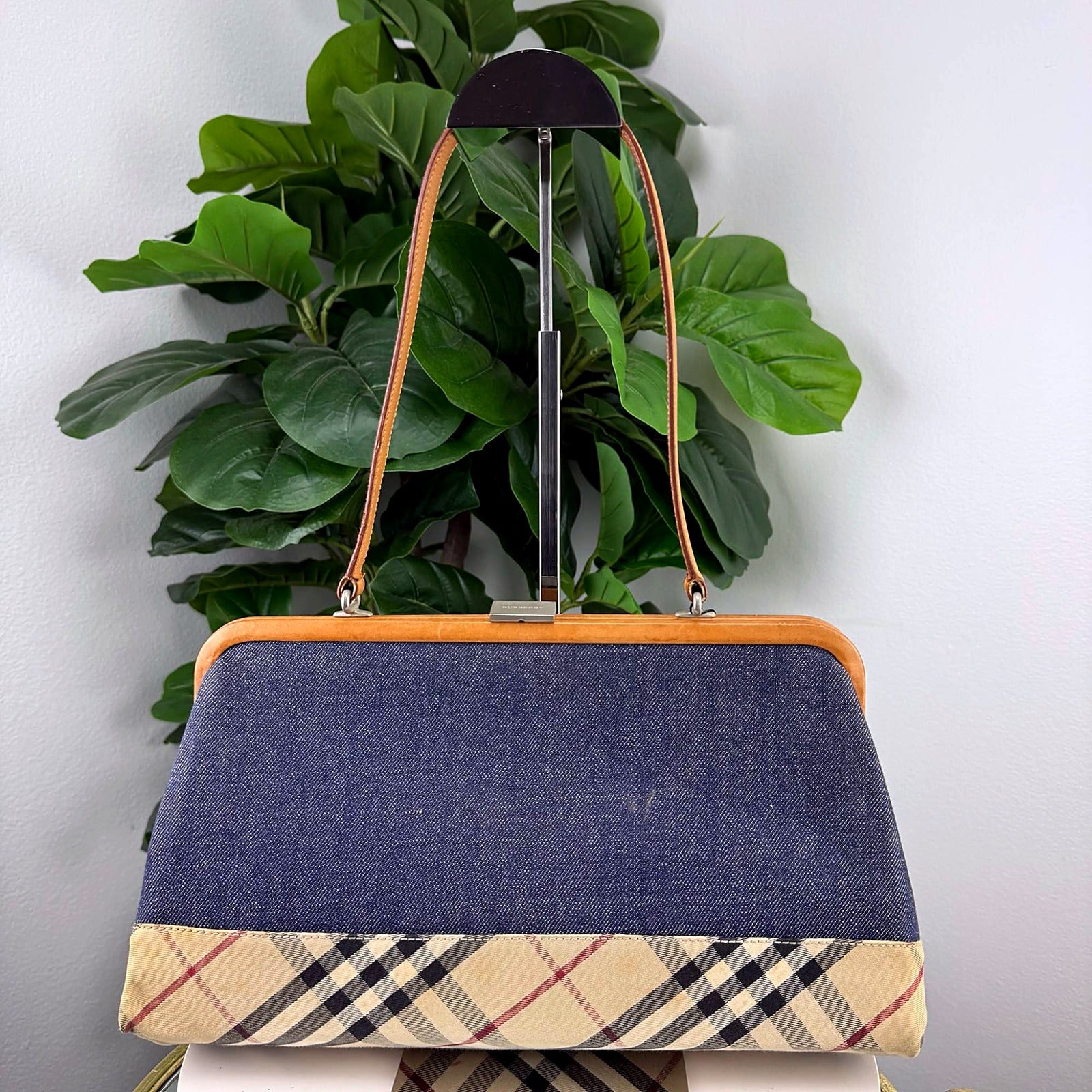 Authentic Vintage Burberry Nova Check Denim Wristlet Clutch Bag - front view